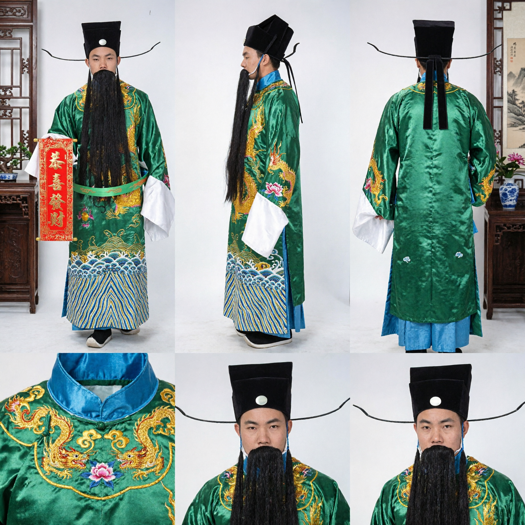Men's Traditional Chinese Caishen Costume Green Dragon Robe with Official Hat and Beard for New Year Performance - Asian Costume