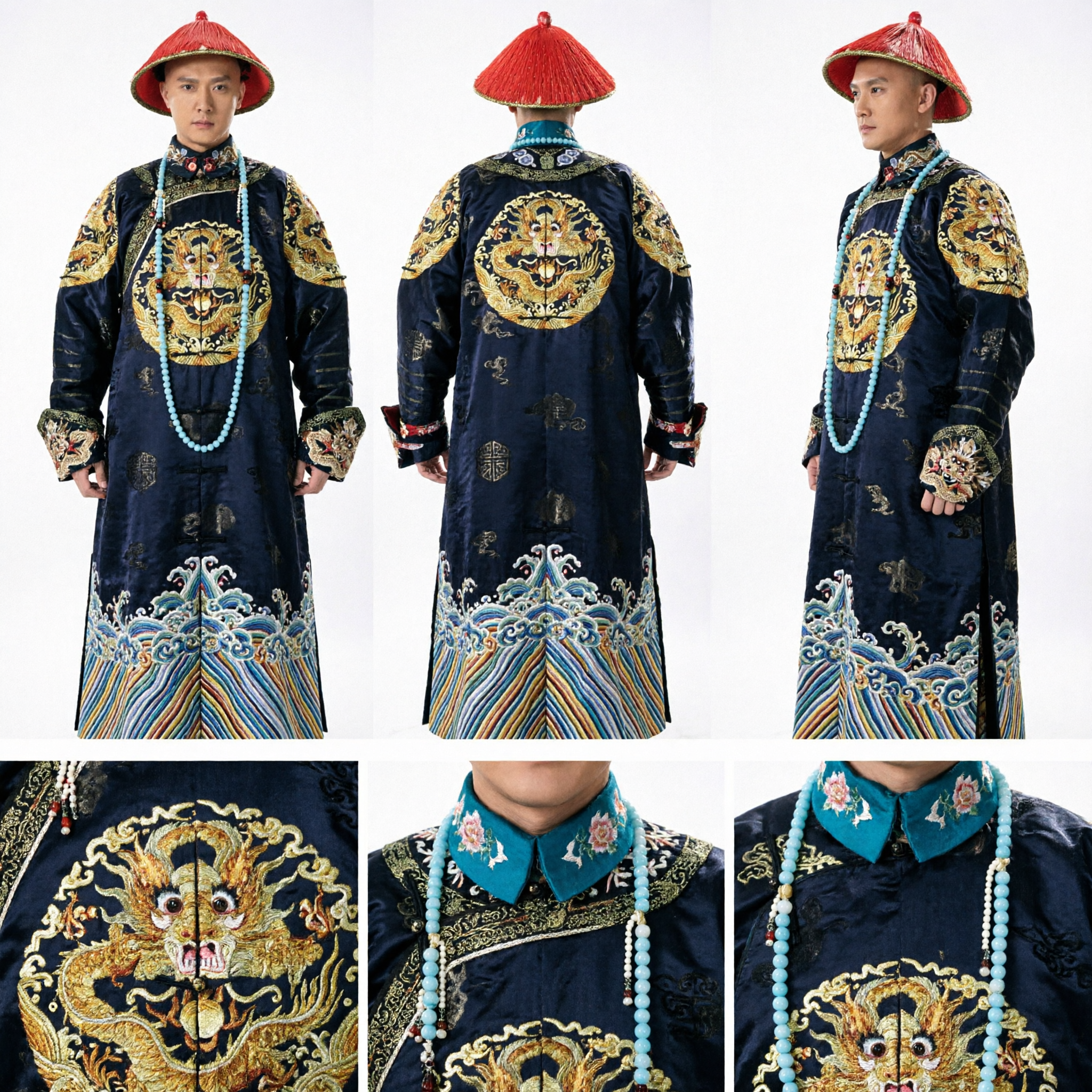 Men's Qing Dynasty Prince Costume Black Dragon Embroidery Robe Traditional Chinese Manchu Clothing for Cosplay - Asian Costume