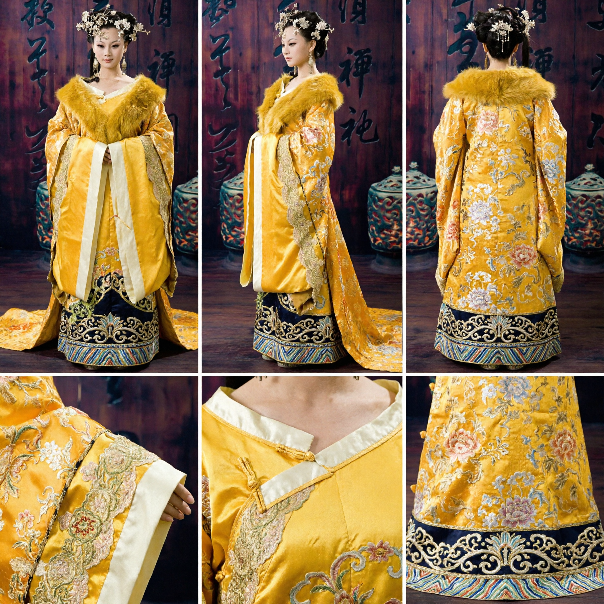 Ancient Chinese Empress Yellow Silk Hanfu Costume Traditional Palace Lady Robe with Fur Collar for Women - Asian Costume
