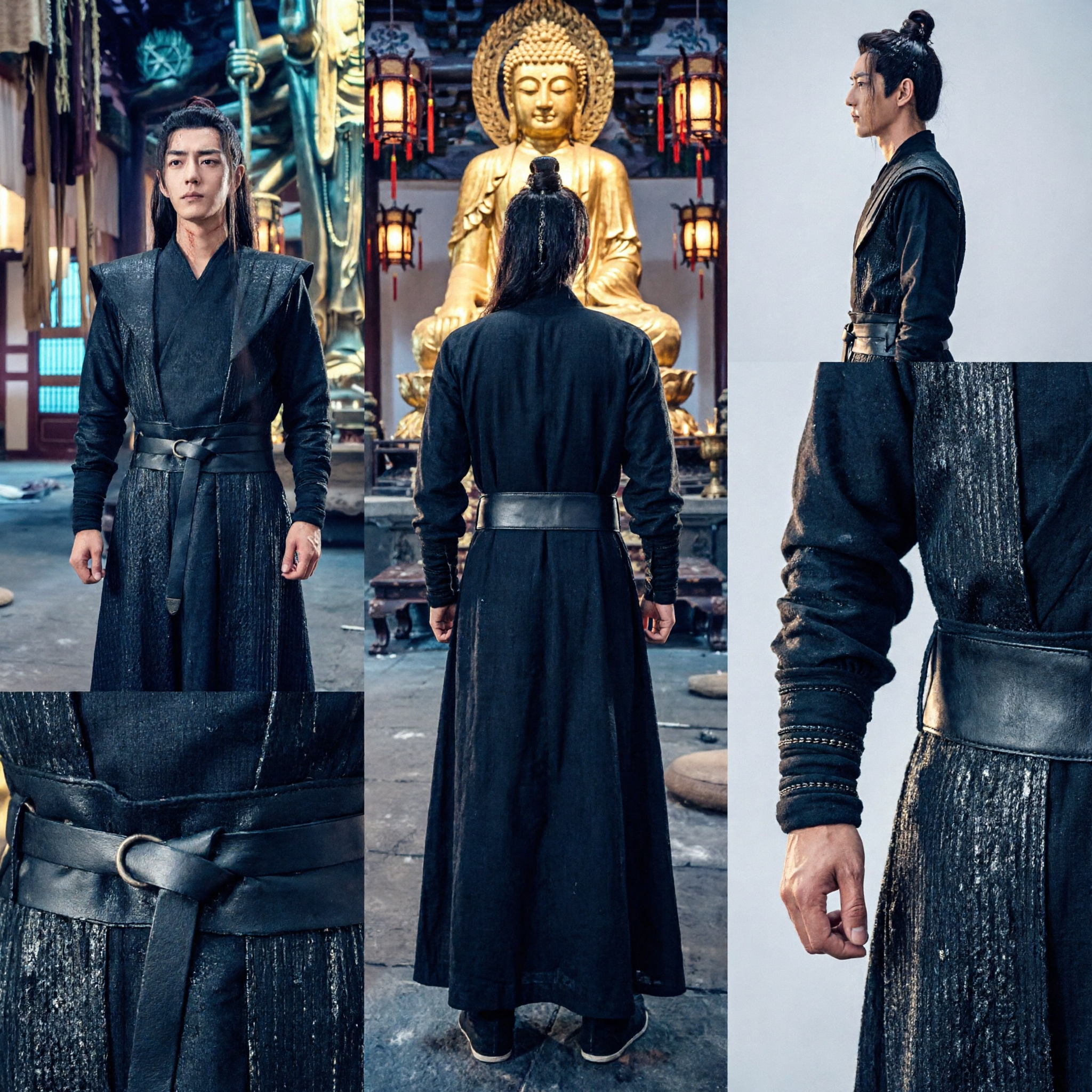 Men's Black Ancient Chinese Swordsman Costume Traditional Hanfu Wuxia Robe for Cosplay Performance - Asian Costume