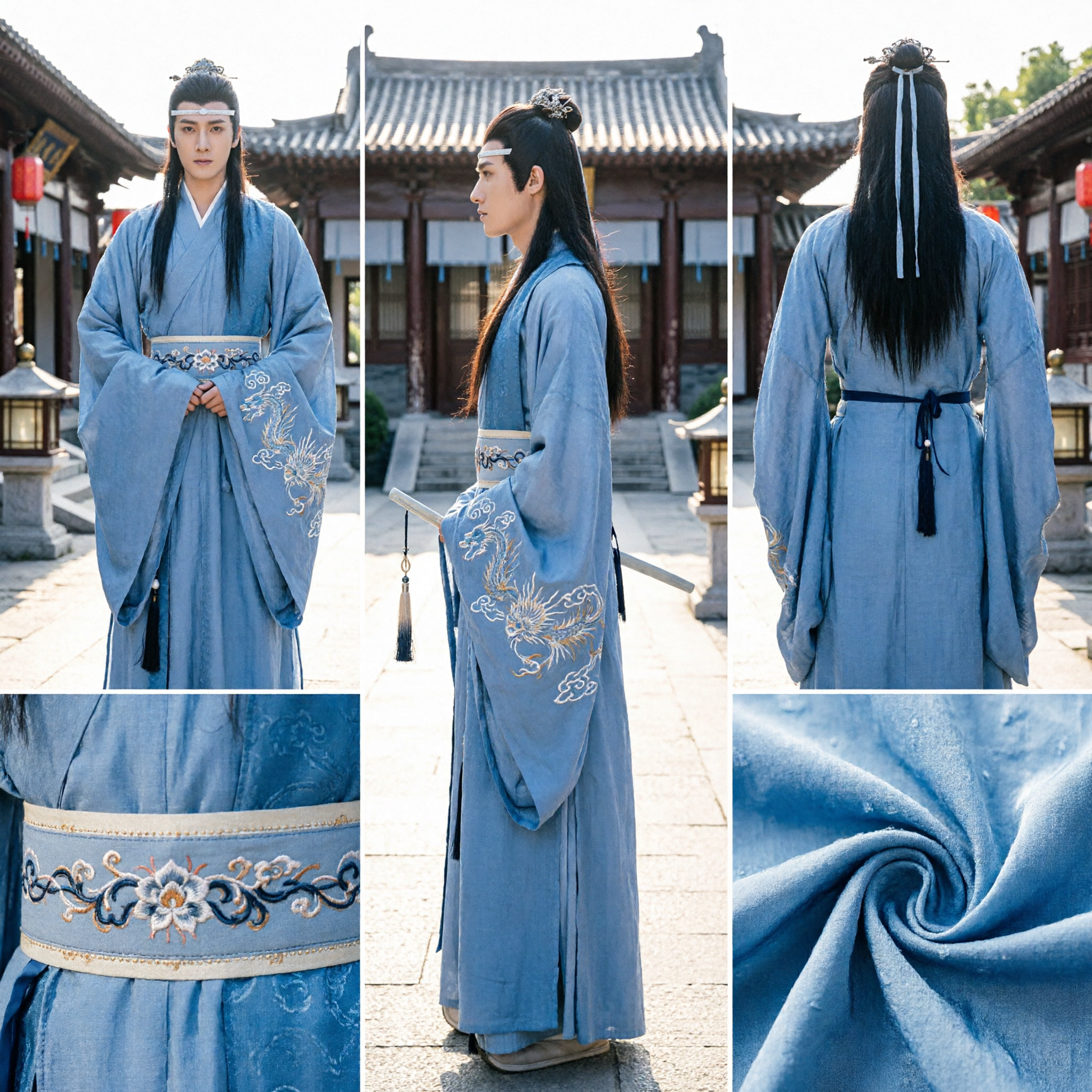 Ancient Chinese Blue Hanfu Costume for Men Traditional Scholar Robe Jin Dynasty Style Cosplay Outfit - Asian Costume
