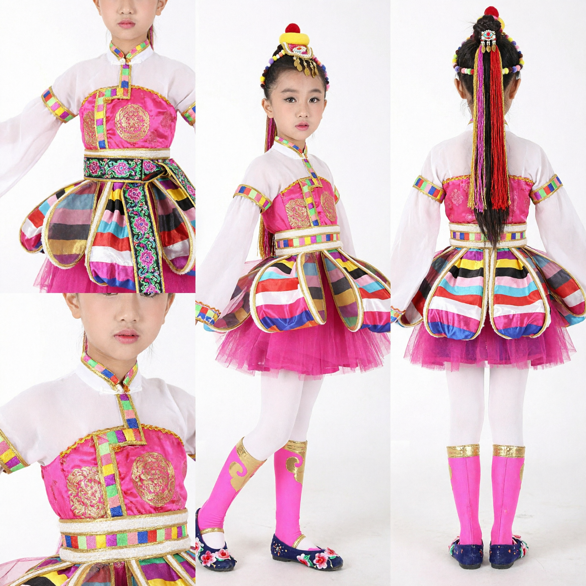 Kids Chinese Traditional Dance Costume Girls Tibetan Style Water Sleeve Stage Performance Outfit with Headpiece - Asian Costume