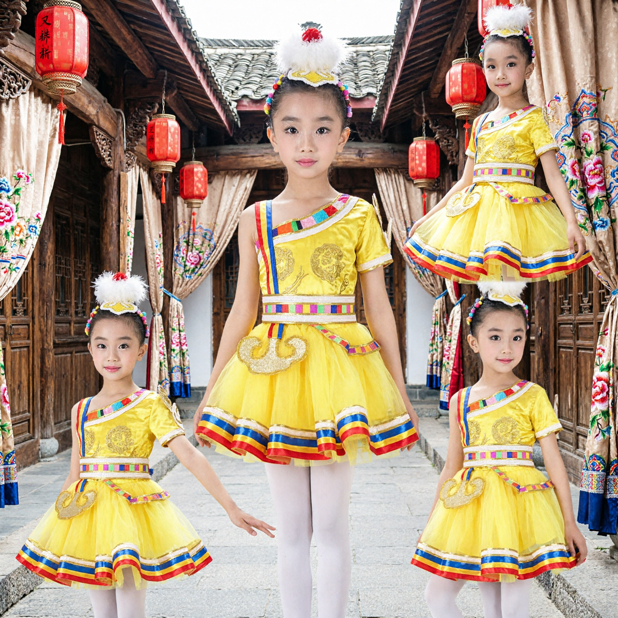 Girls Yellow Traditional Chinese Folk Dance Costume Ethnic Stage Performance Dress with Tutu Skirt and Headpiece - Asian Costume