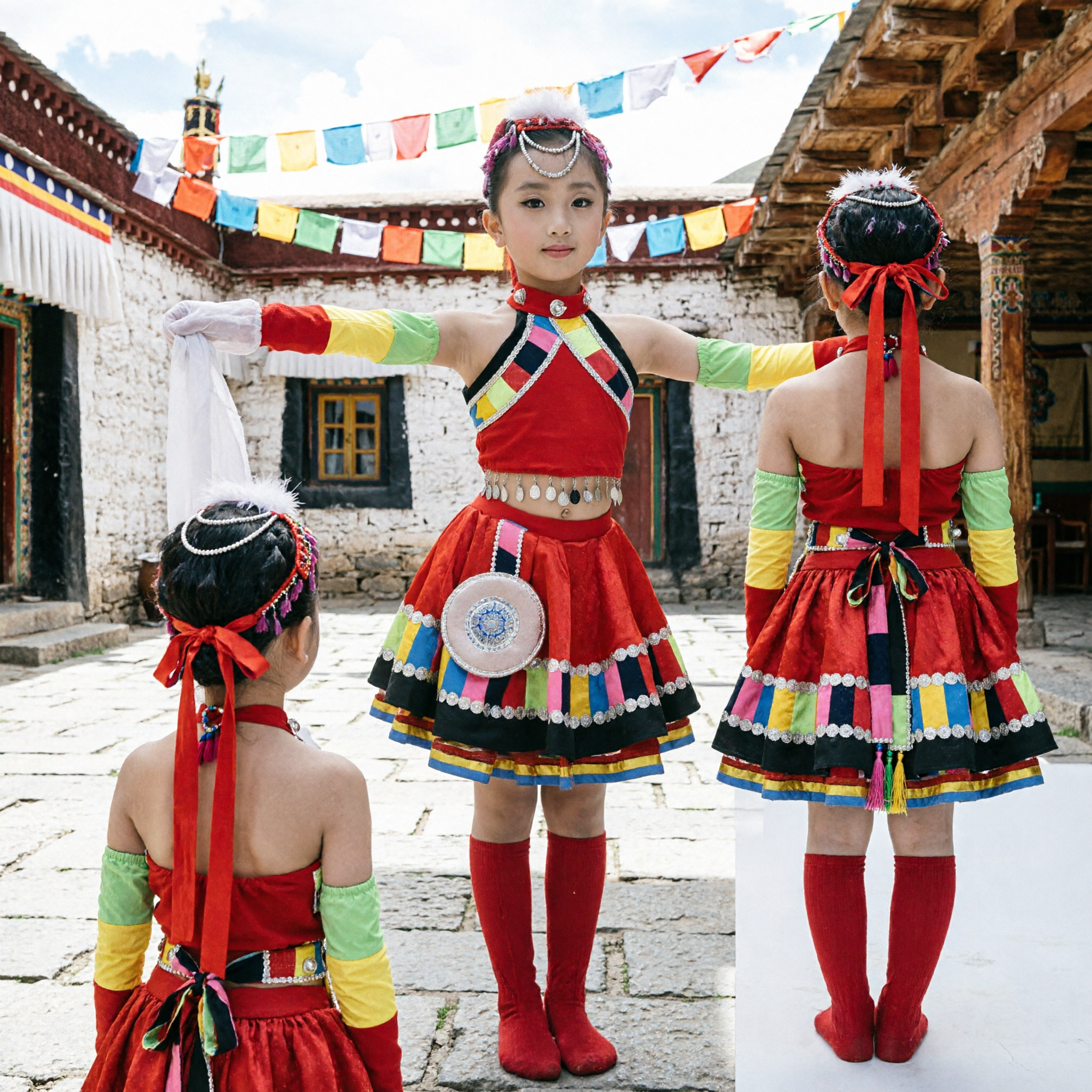 Chinese Traditional Folk Dance Costume for Girls Kids Tibetan Ethnic Stage Performance Outfit Red Dress - Asian Costume