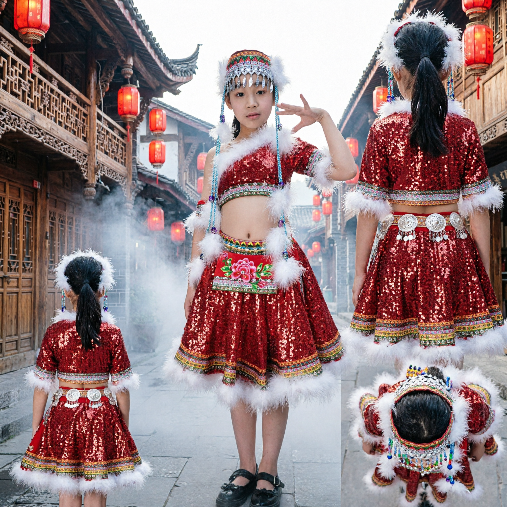 Kids Red Sequin Chinese Ethnic Dance Costume Traditional Folk Dress with Fur Trim for Stage Performance - Asian Costume