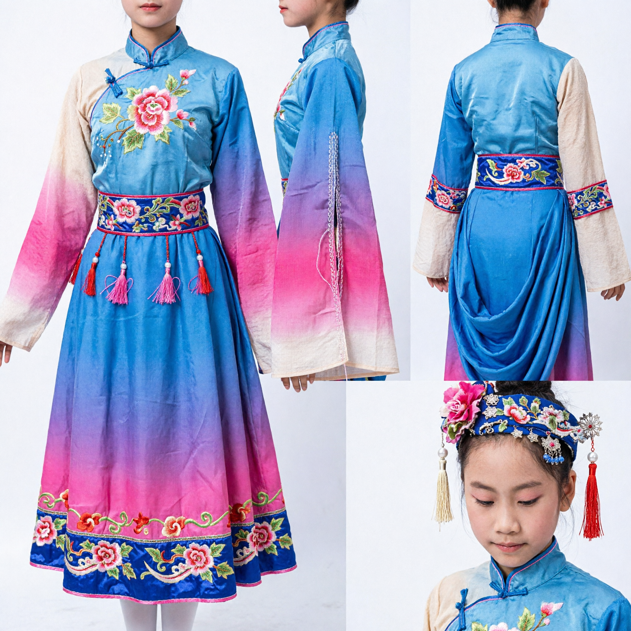 Traditional Chinese Classical Dance Costume for Girls Blue Floral Embroidery Pink Pants Folk Dance Stage Performance Outfit - Asian Costume