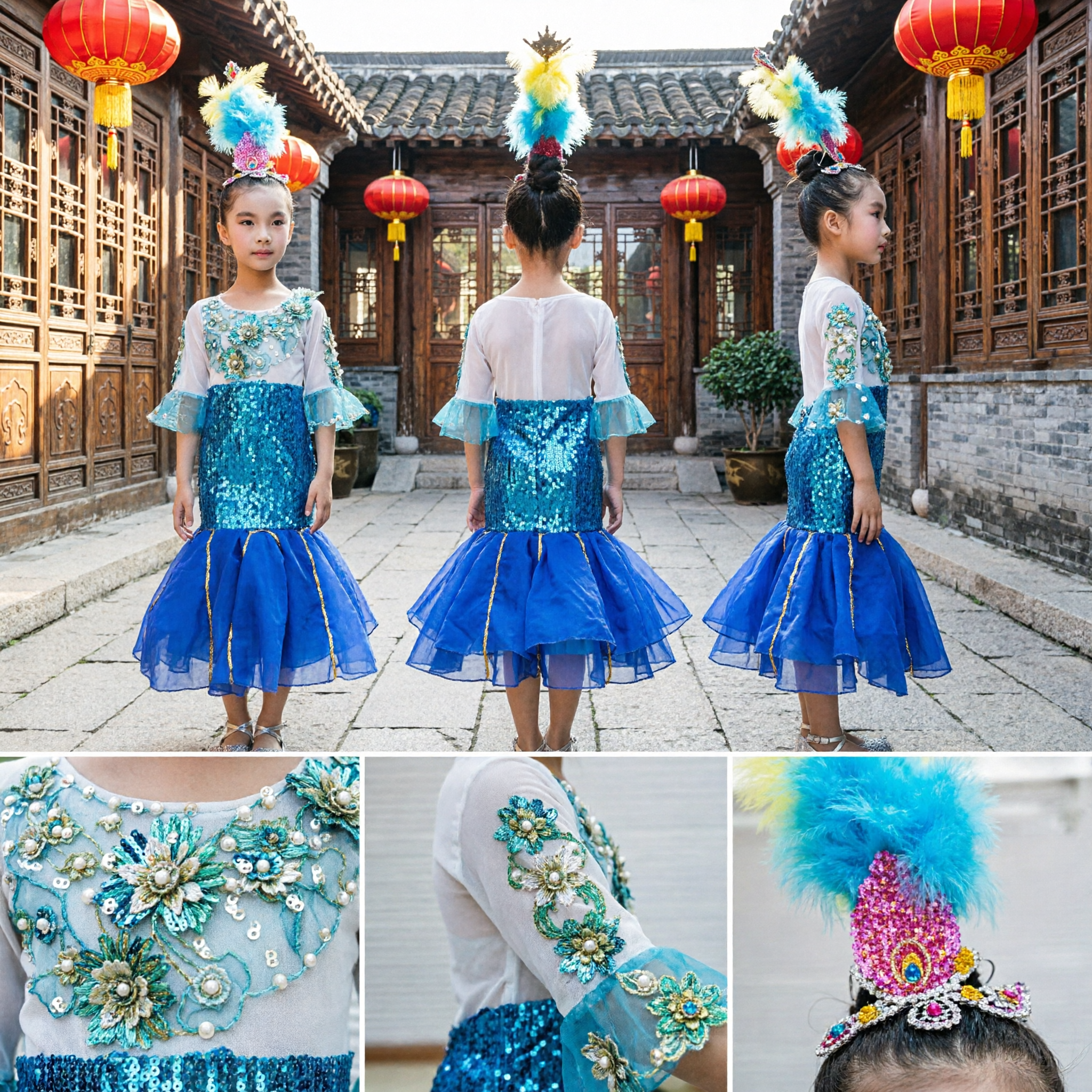Kids Girls Blue Sequin Mermaid Dance Costume with Feather Headpiece for Stage Performance - Asian Costume