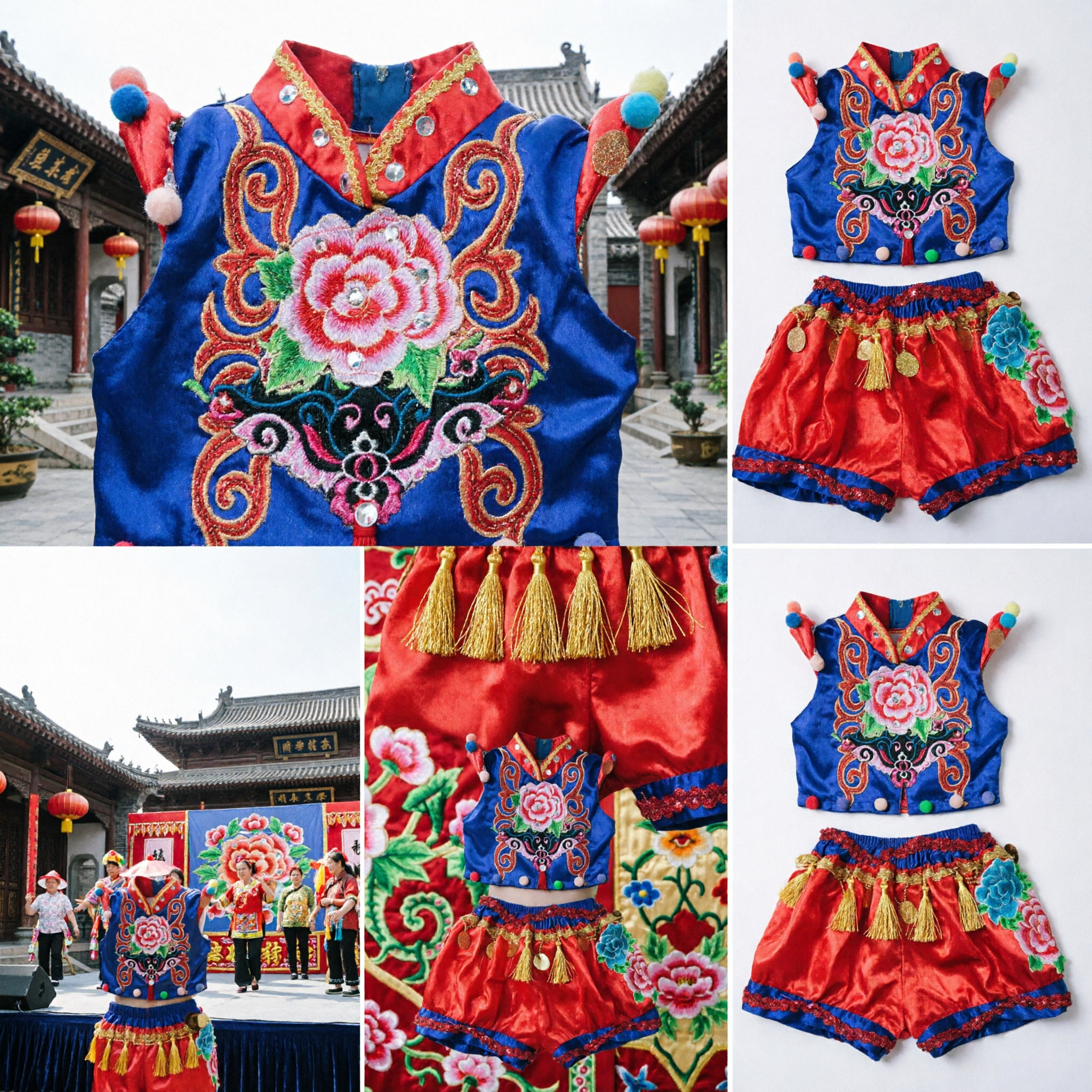 Traditional Chinese Yangge Folk Dance Costume for Kids Blue Embroidered Vest and Red Shorts Performance Set - Asian Costume