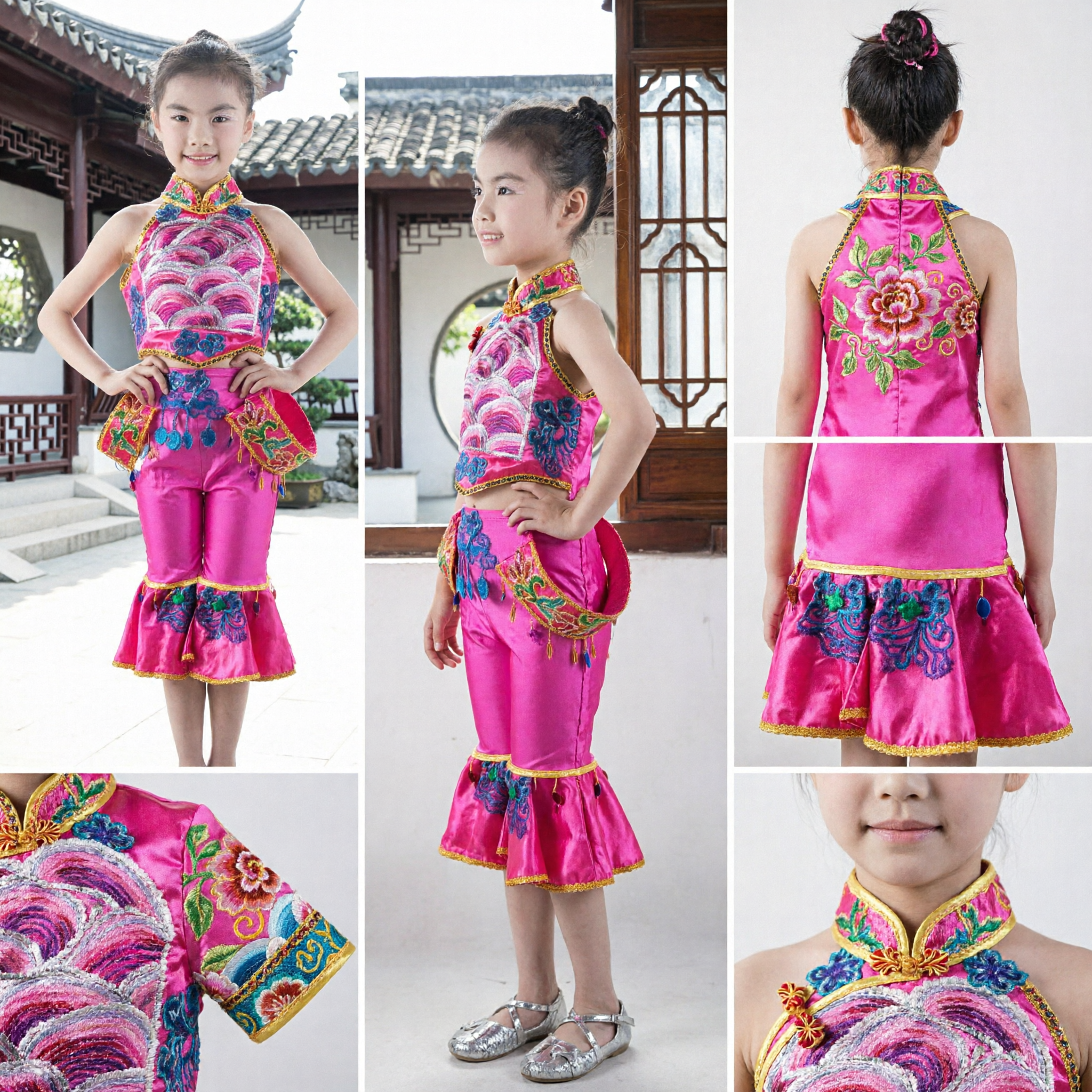 Kids Chinese Folk Dance Costume Pink Yangge Fan Drum Performance Outfit Traditional Embroidered Halter Set for Girls - Asian Costume