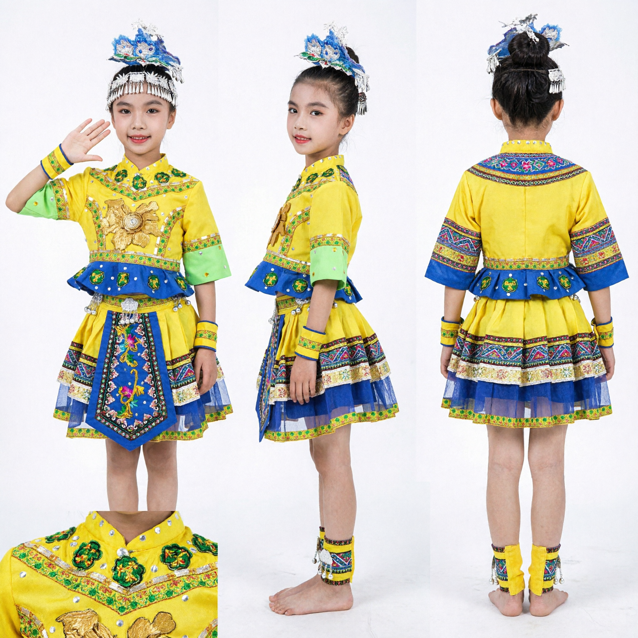 Yellow Chinese Ethnic Minority Dance Costume Traditional Folk Embroidered Dress for Girls Stage Performance - Asian Costume