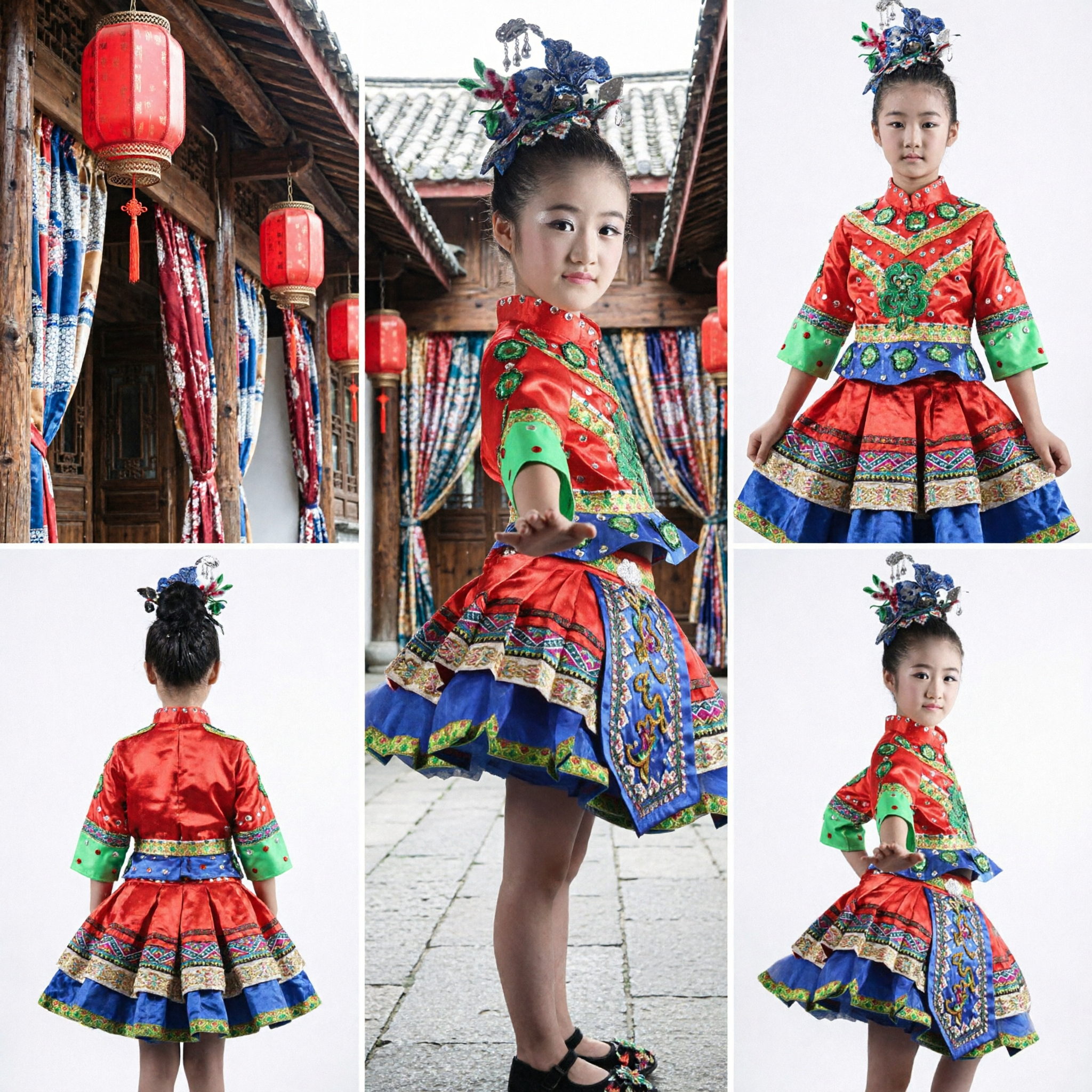 Traditional Chinese Miao Ethnic Folk Dance Costume for Kids Girls Stage Performance Outfit with Headdress - Asian Costume
