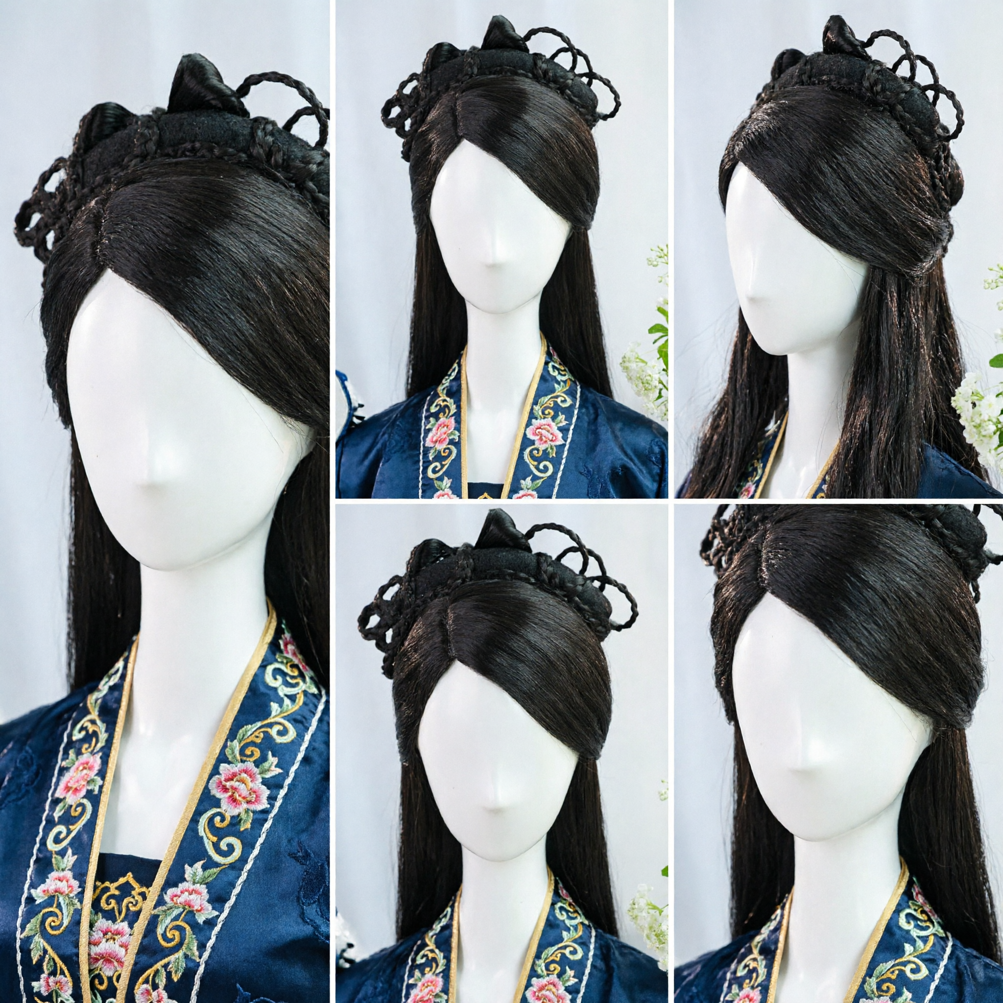 Ancient Chinese Traditional Black Wig with Elaborate Braided Bun Hairpiece for Hanfu Cosplay and Historical Drama - Asian Costume
