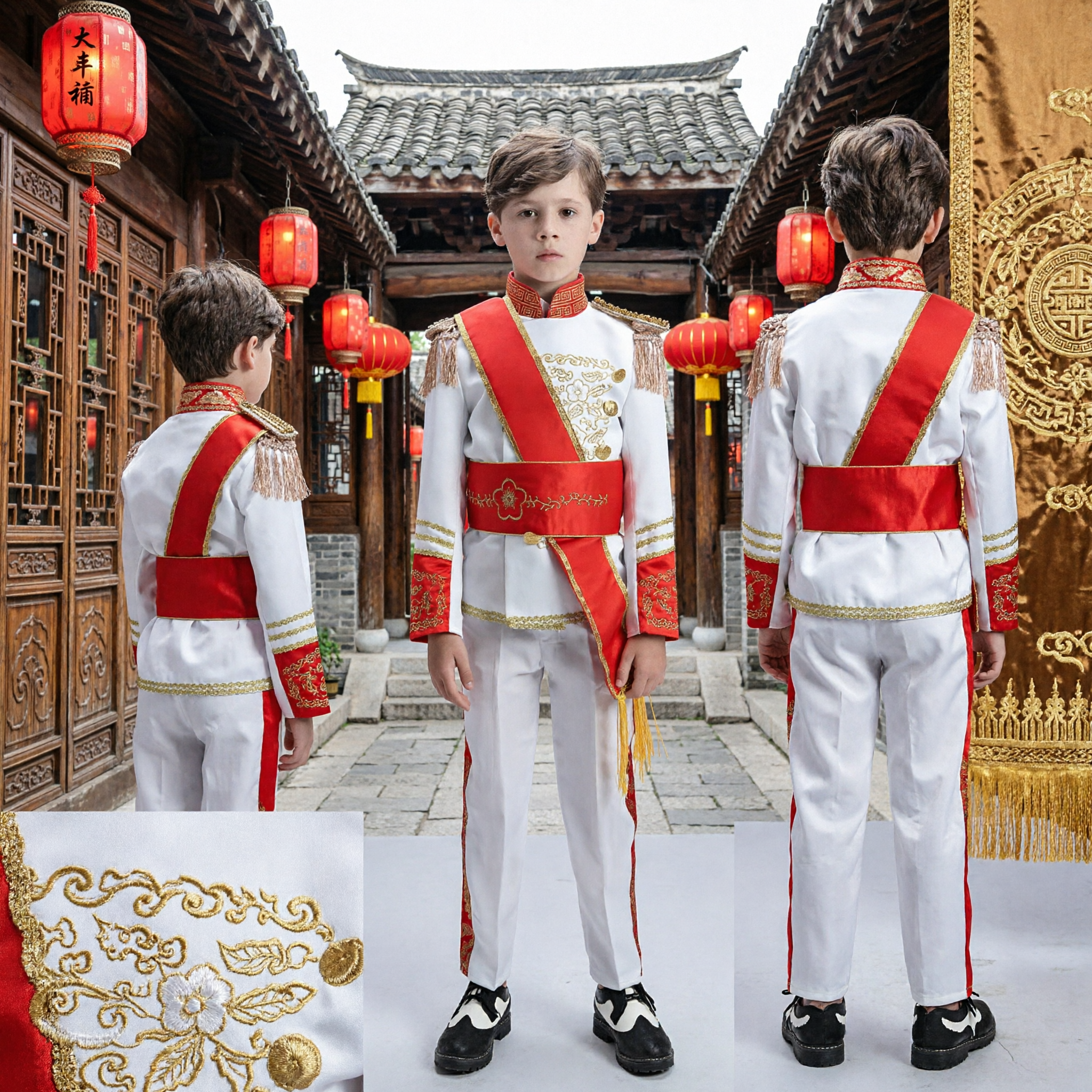 Children's White and Red Military Style Prince Uniform Drum Major Band Leader Performance Costume - Asian Costume