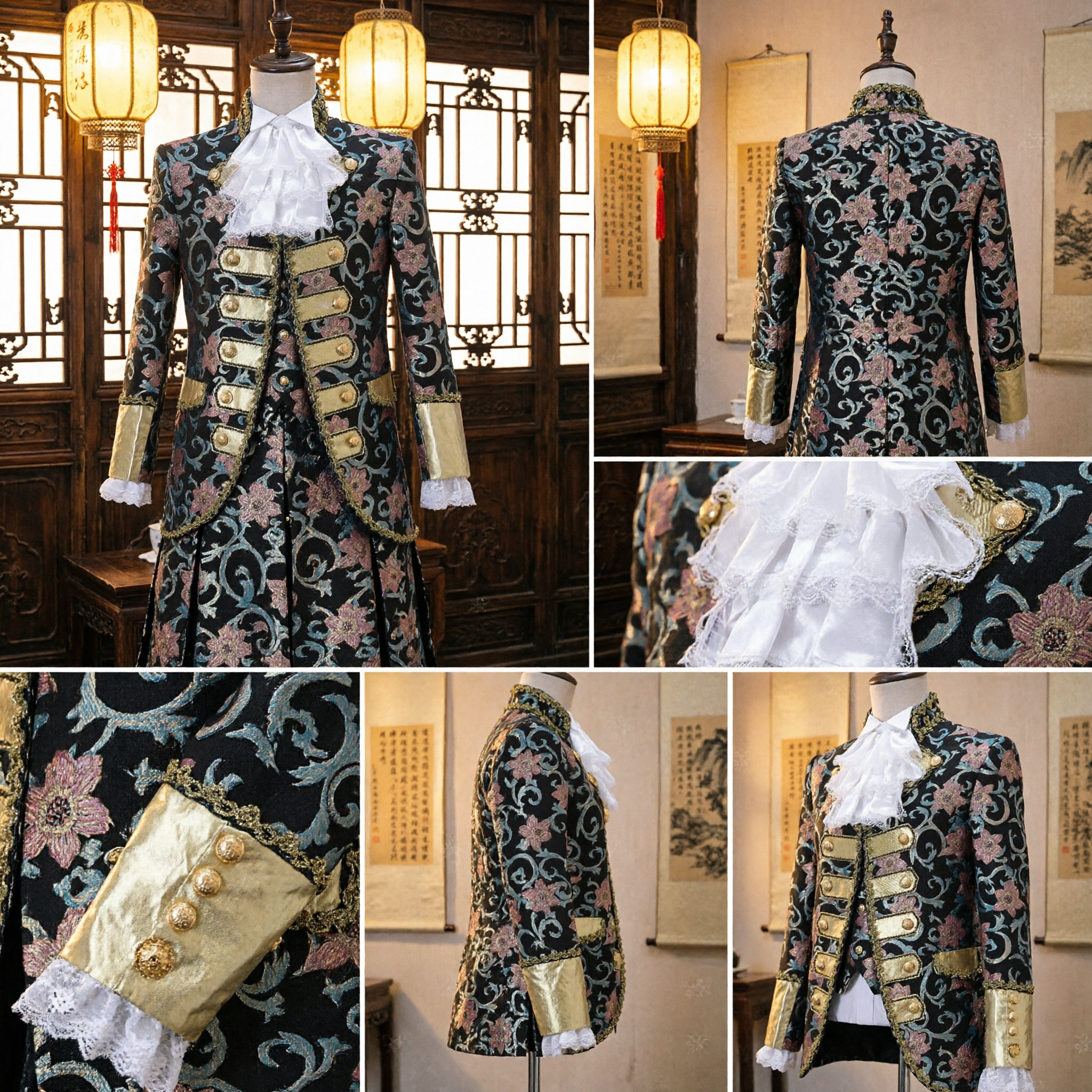 Men's Baroque Floral Brocade Jacket 18th Century Victorian Aristocrat Prince Costume with Gold Trim and Ruffles - Asian Costume