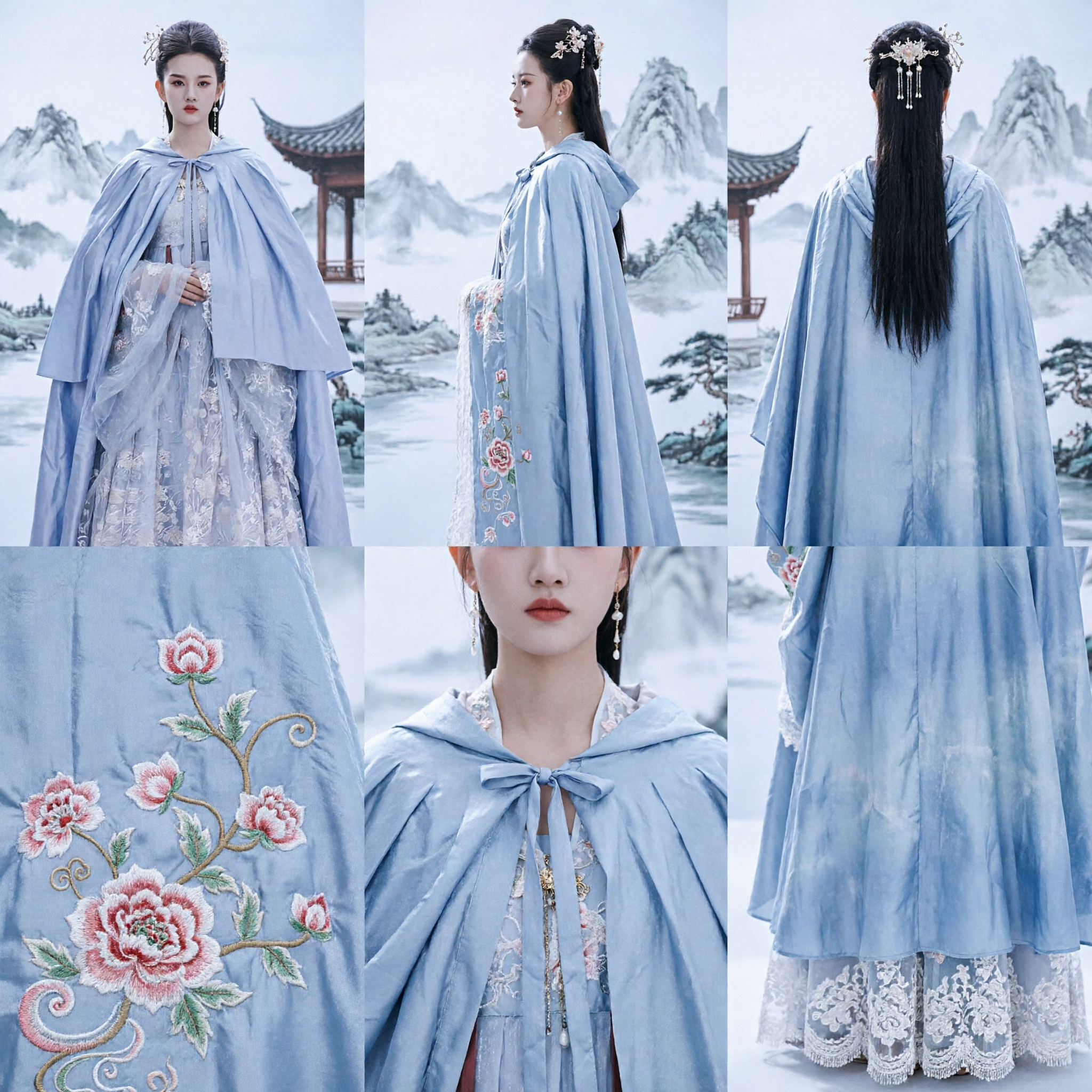 Chinese Ancient Hanfu Winter Cloak Cape Blue Embroidered Dress Traditional Fairy Costume for Women Cosplay - Asian Costume