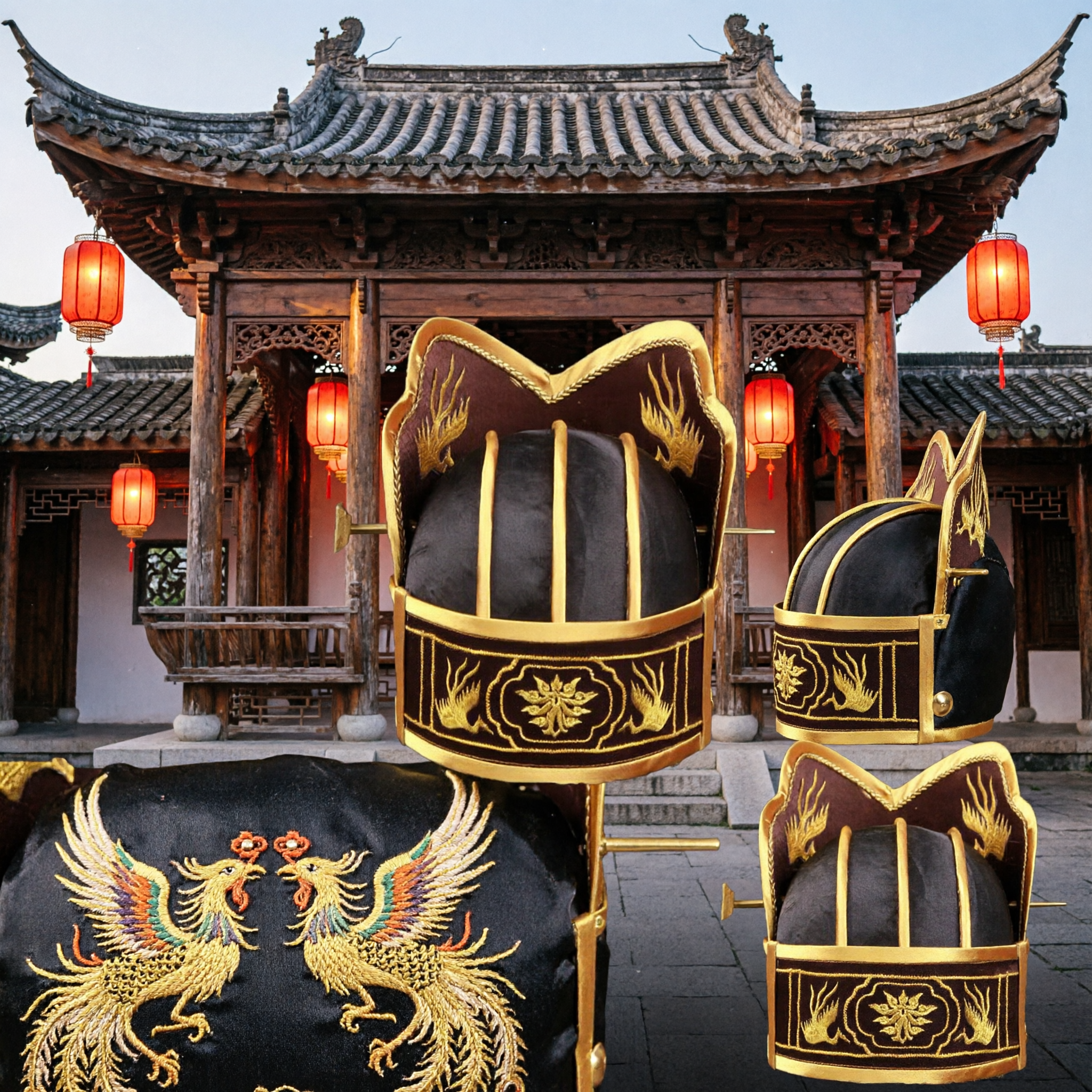 Traditional Chinese Ancient Official Hat Black Velvet Gold Embroidery Crown for Men Historical Cosplay Costume - Asian Costume