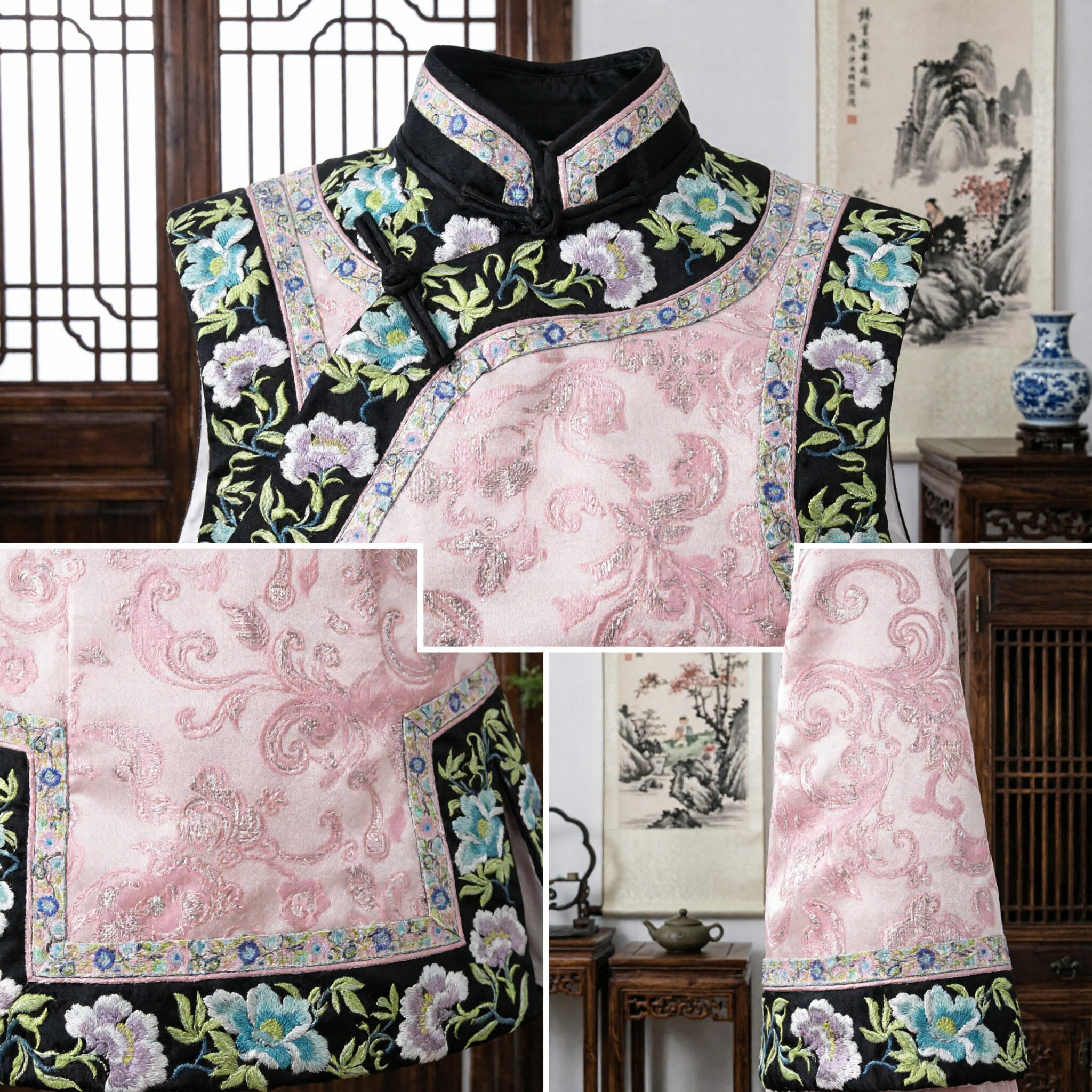 Ancient Chinese Qing Dynasty Manchu Noblewoman Embroidered Floral Vest Black Pink Traditional Costume for Women - Asian Costume
