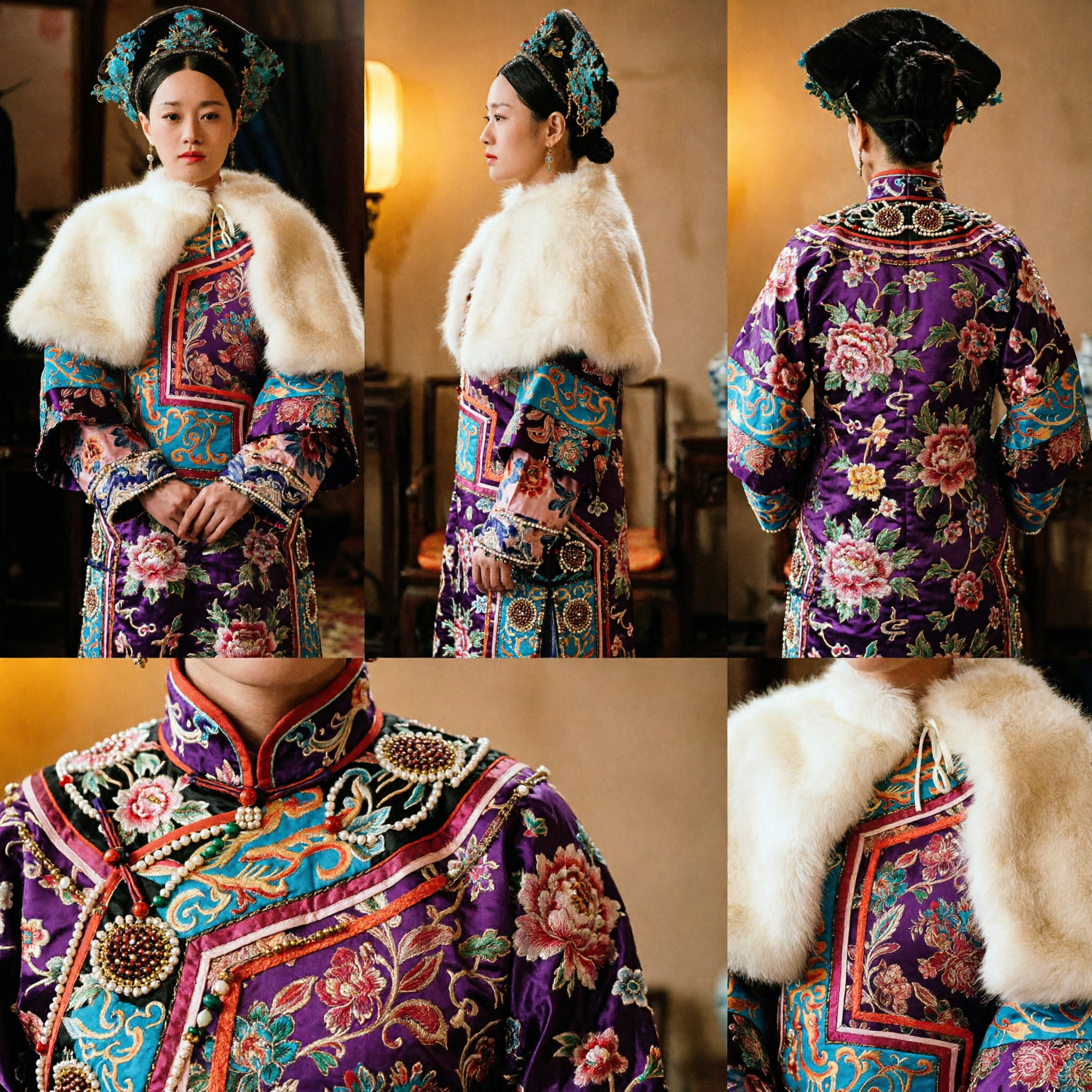 Qing Dynasty Manchu Empress Traditional Costume with White Fur Stole and Ornate Headdress for Women Historical Cosplay - Asian Costume
