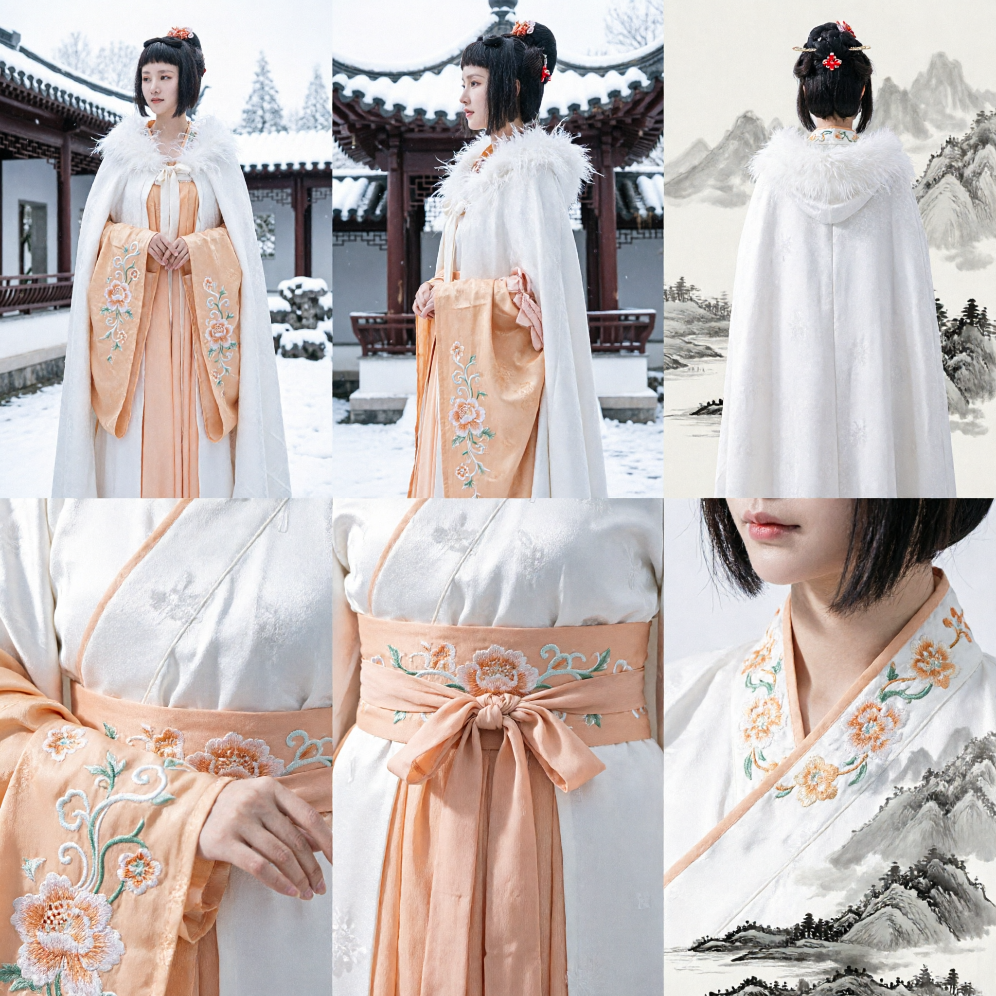 Ancient Chinese Hanfu Traditional Costume for Women Peach Dress with White Fur Cloak Winter Noble Lady Outfit - Asian Costume