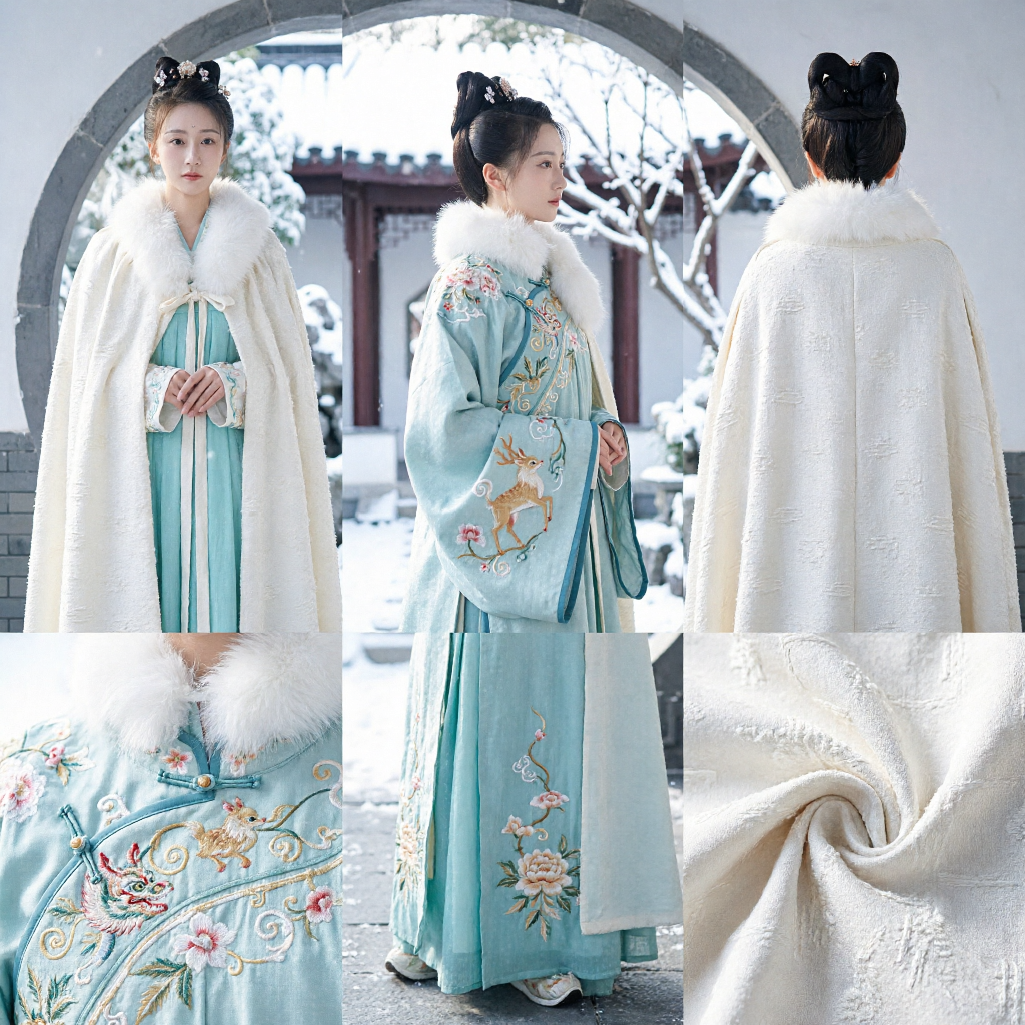 Ancient Chinese Hanfu White Fur Collar Winter Cloak Traditional Palace Lady Cape for Women Cosplay Costume - Asian Costume