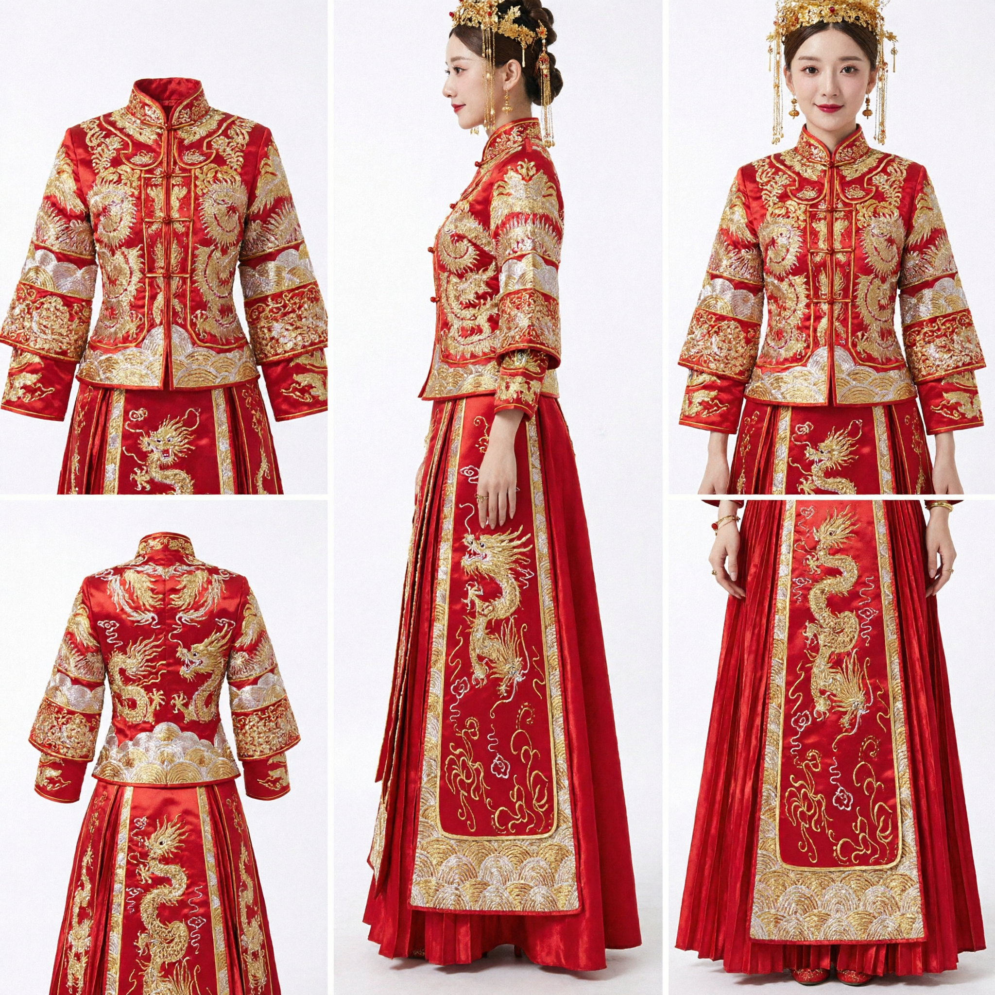 Traditional Chinese Wedding Dress Red Gold Embroidery Dragon Phoenix Qun Kwa Ancient Bridal Gown for Women - Asian Costume