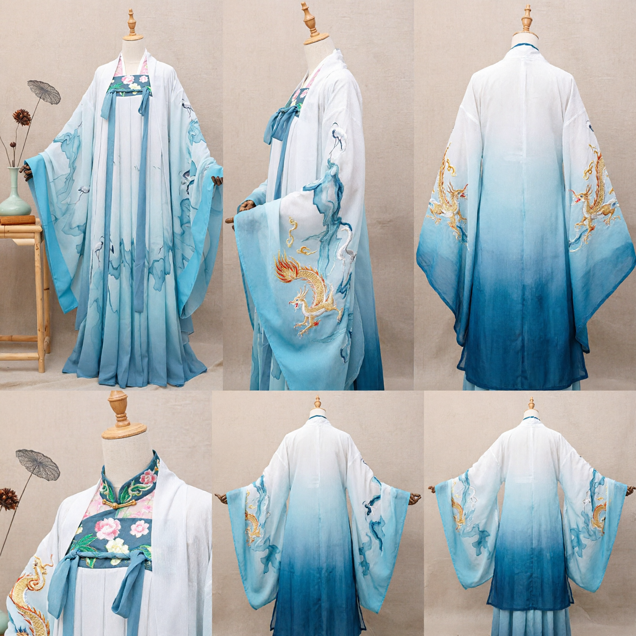 Women's Elegant Blue Gradient Hanfu Dress Traditional Chinese Ancient Costume Ink Wash Crane Print Fairy Outfit - Asian Costume
