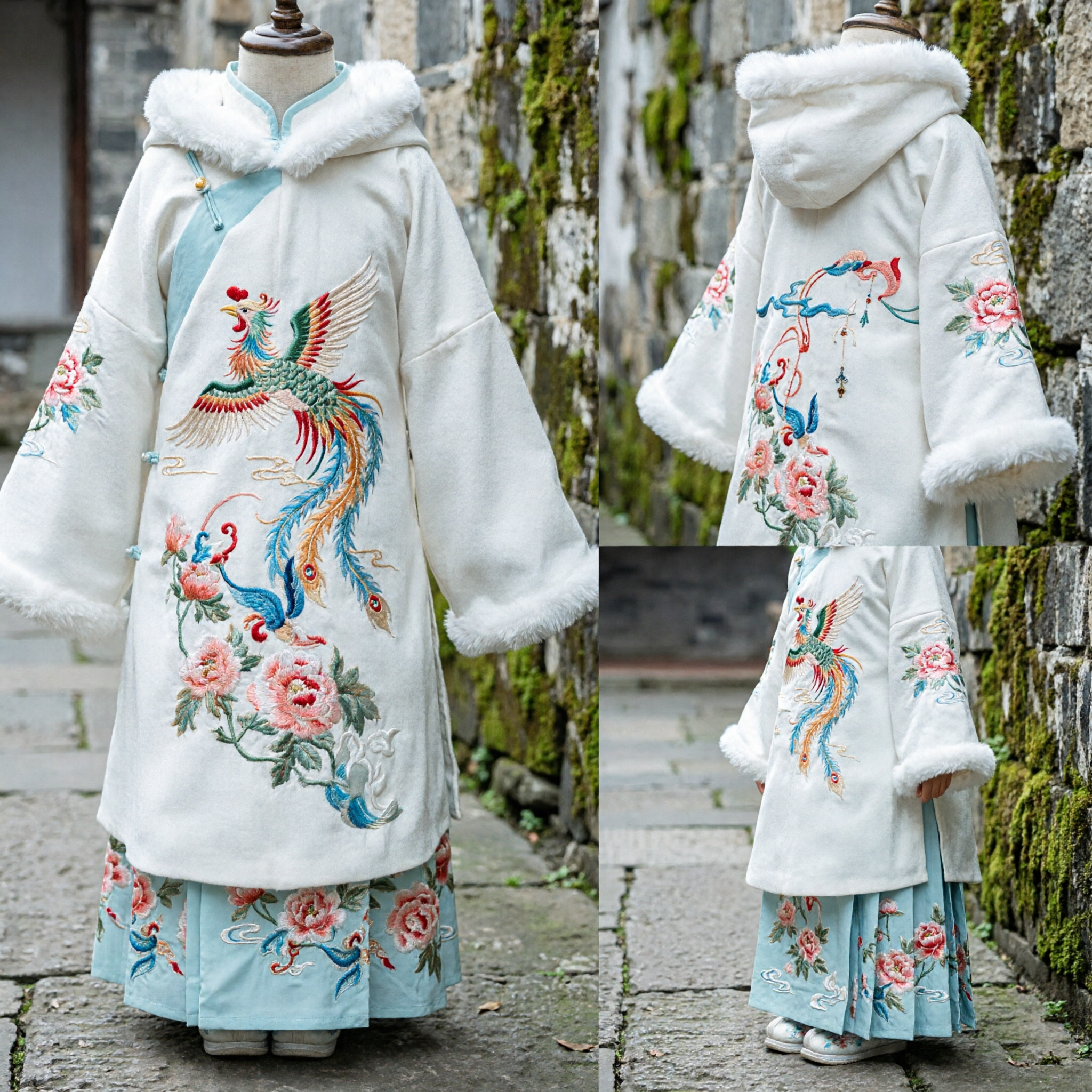 Traditional Chinese Hanfu Winter Cape for Kids Girls White Fur Hood Phoenix Embroidery Cloak - Asian Costume