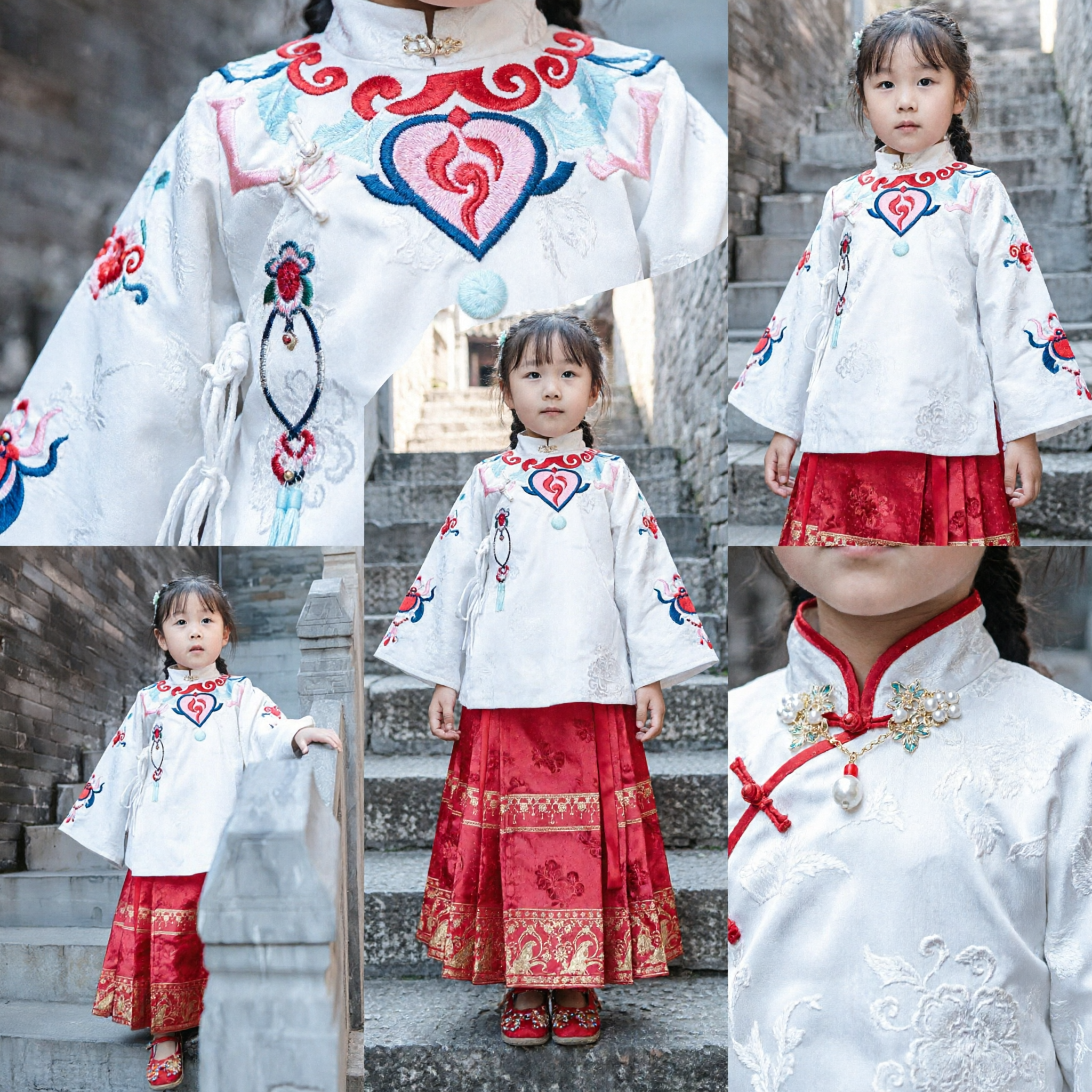 Kids Chinese Traditional Costume Girls White Embroidered Tang Suit Top Red Skirt Hanfu Set for Festival Performance - Asian Costume