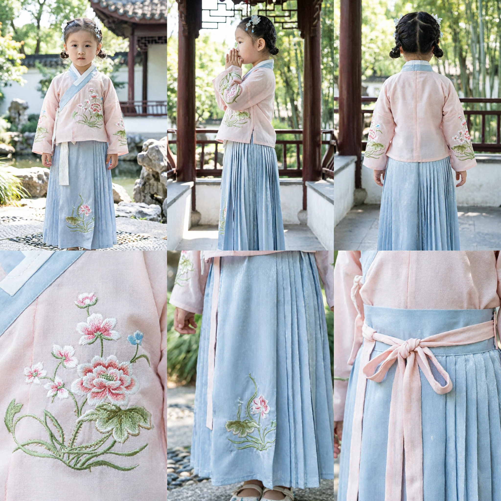 Chinese Traditional Hanfu Costume for Girls Kids Ancient Embroidery Floral Top and Pleated Skirt Set for Festivals - Asian Costume