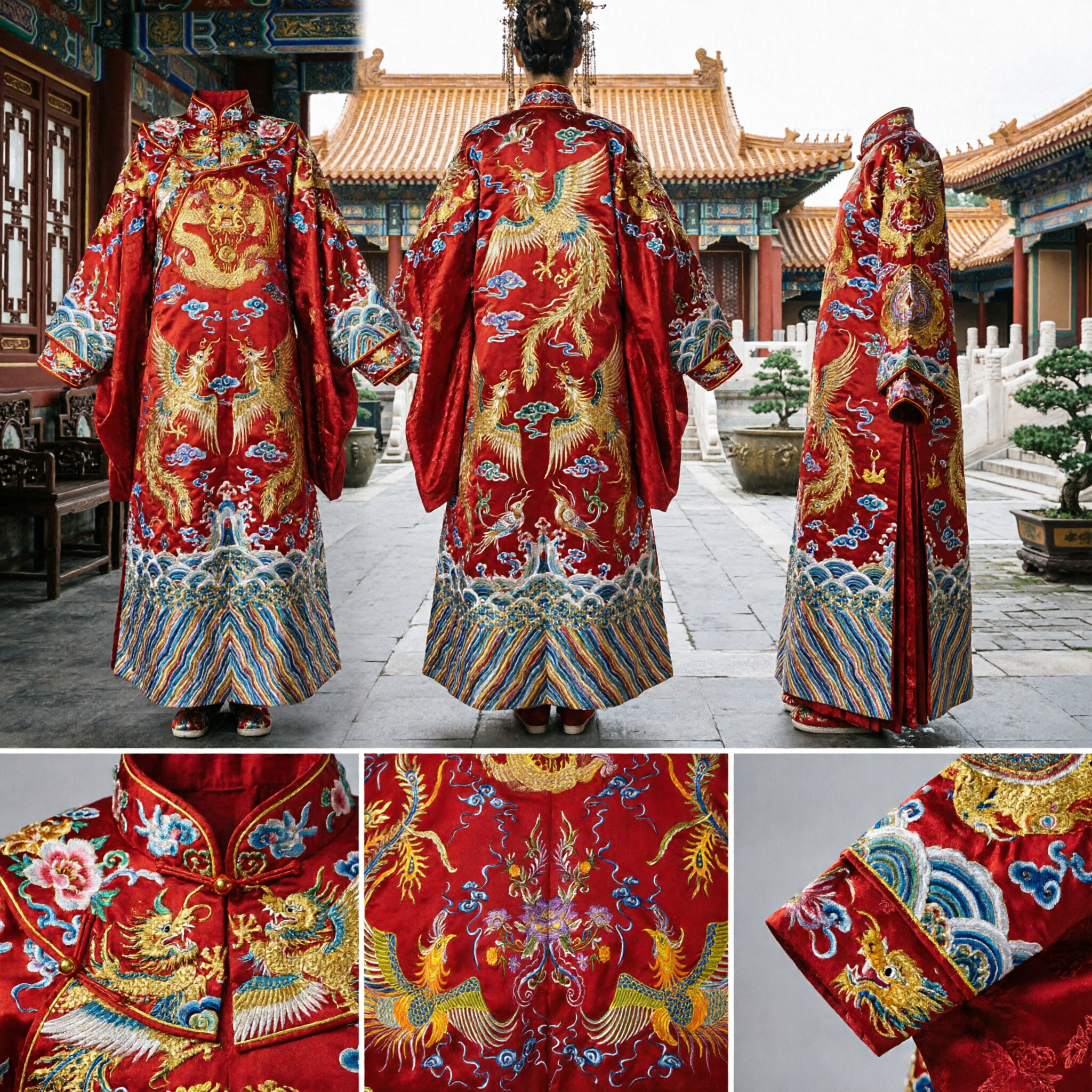 Traditional Chinese Wedding Cape for Bride Red Dragon Phoenix Embroidery Long Train Xiuhe Suit Accessory - Asian Costume