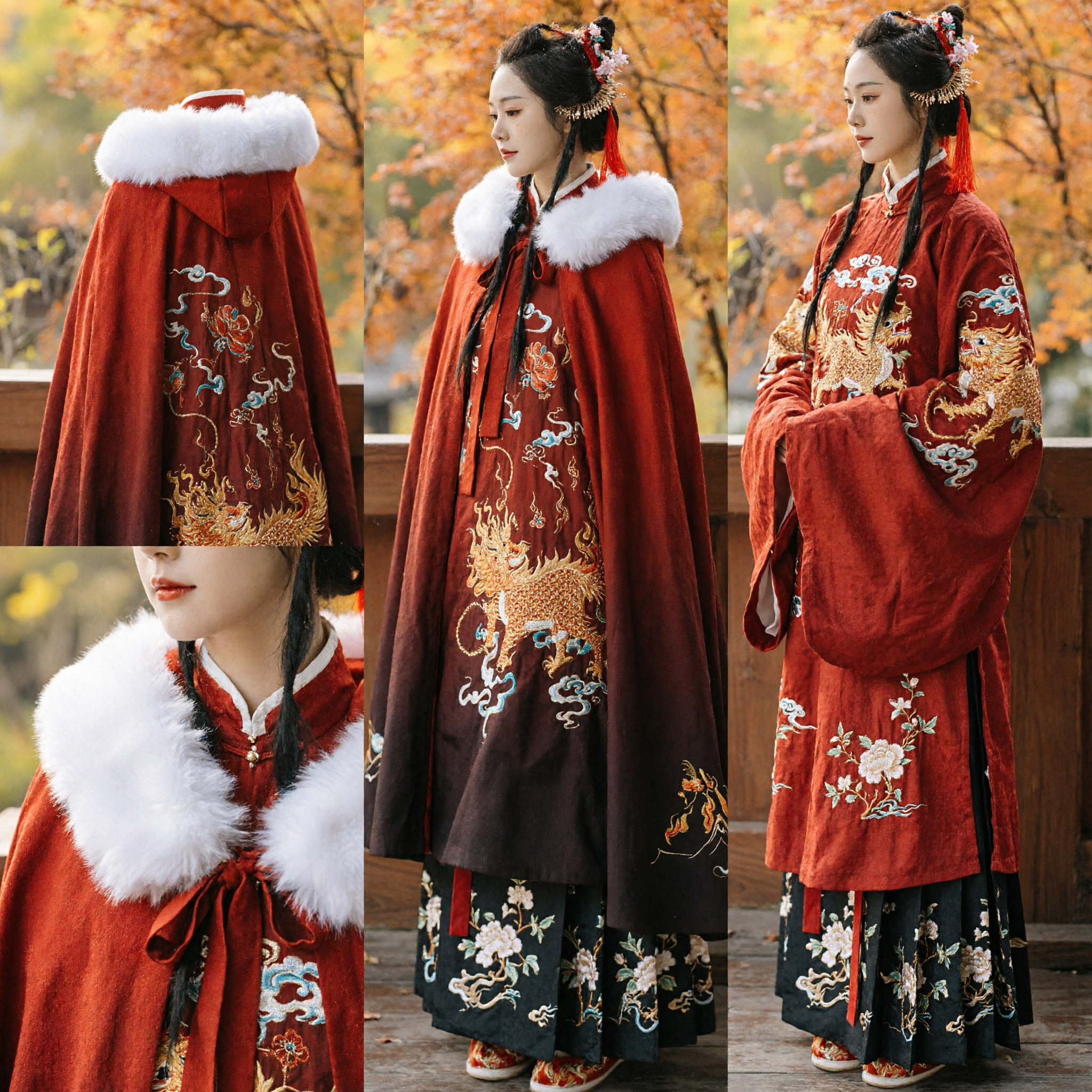 Traditional Chinese Hanfu Winter Cloak Red Embroidered Dragon Cape with White Fur Collar for Women Cosplay - Asian Costume