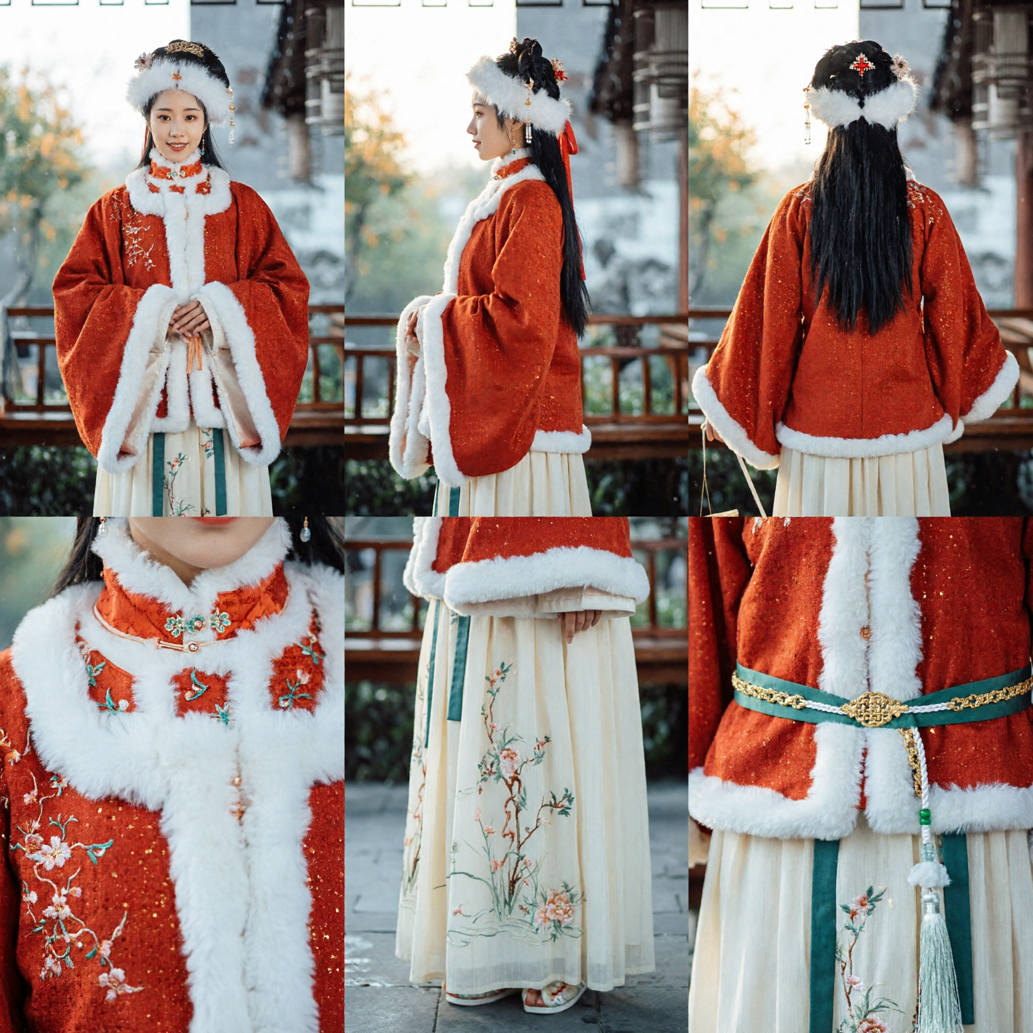 Traditional Chinese Hanfu Winter Red Cloak with White Fur Trim and Embroidered Skirt Set for Women Cosplay - Asian Costume