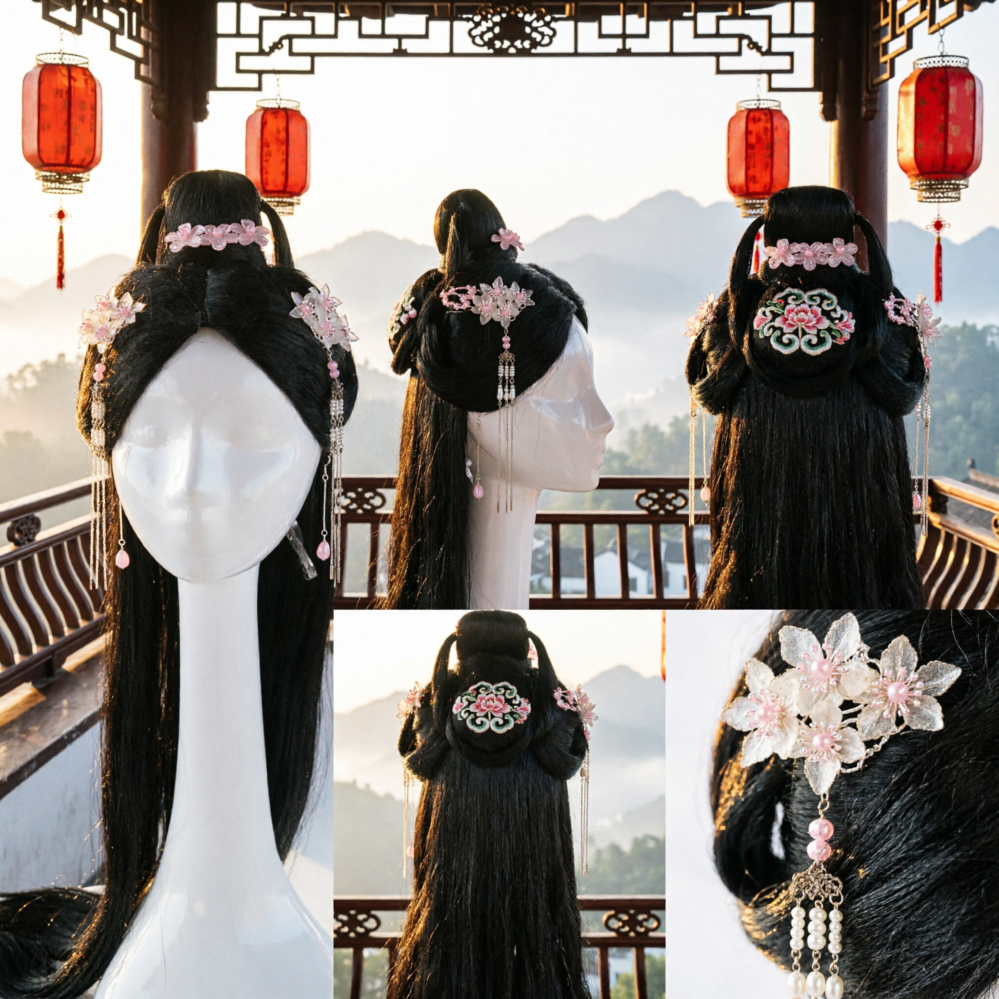 Traditional Chinese Ancient Palace Lady Wig with Floral Hairpins and Tassels for Hanfu Cosplay Women - Asian Costume