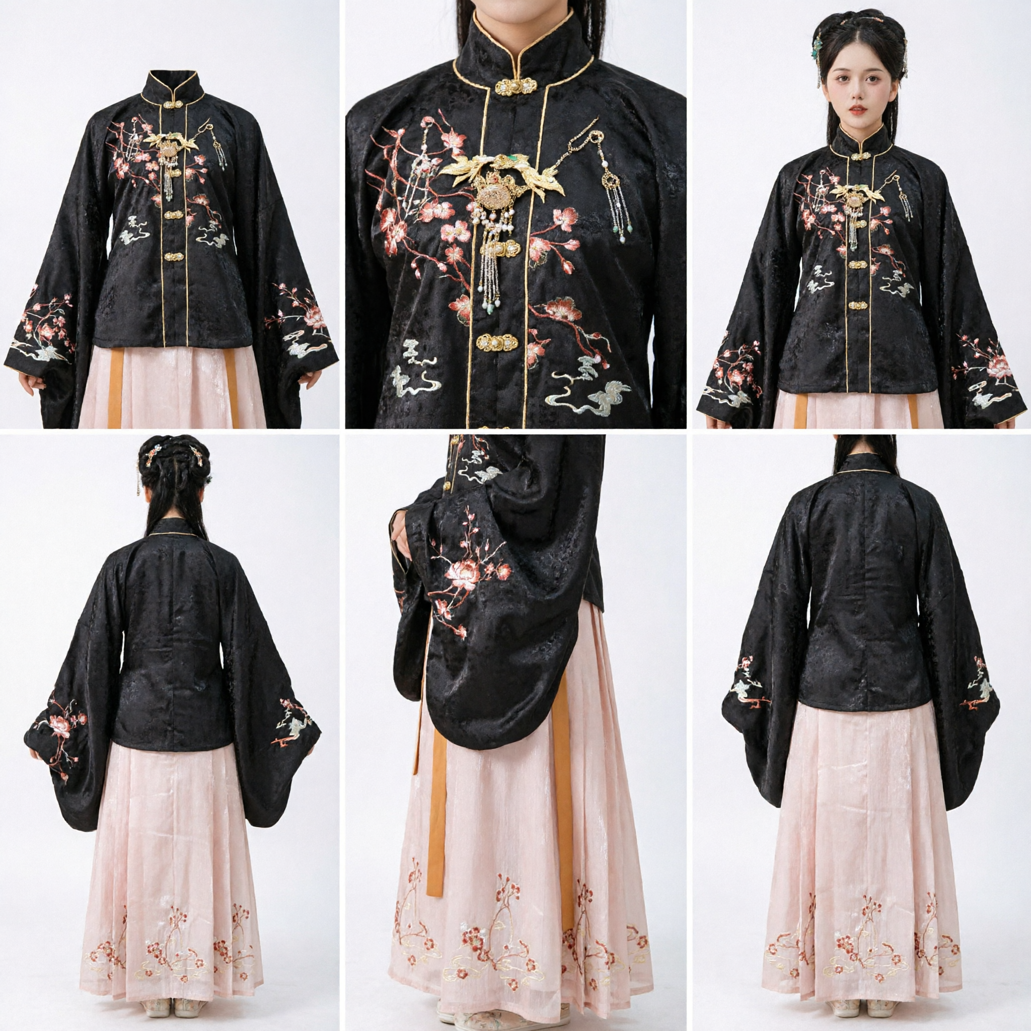 Women's Traditional Chinese Hanfu Ming Dynasty Style Black Floral Embroidered Jacket and Pink Skirt Set - Asian Costume