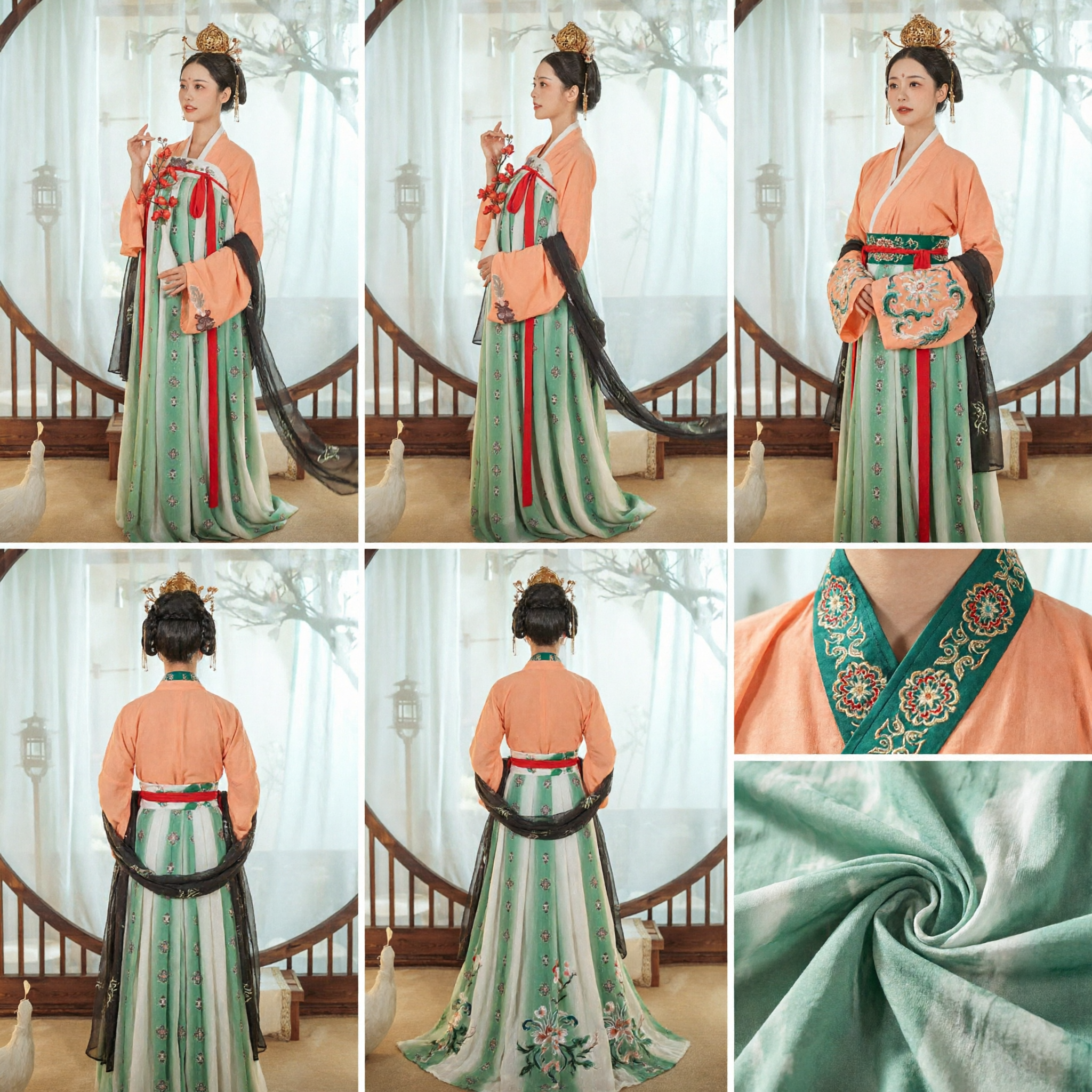 Traditional Chinese Hanfu Tang Dynasty Princess Costume Green Floral Skirt and Orange Top Ancient Dress for Women - Asian Costume