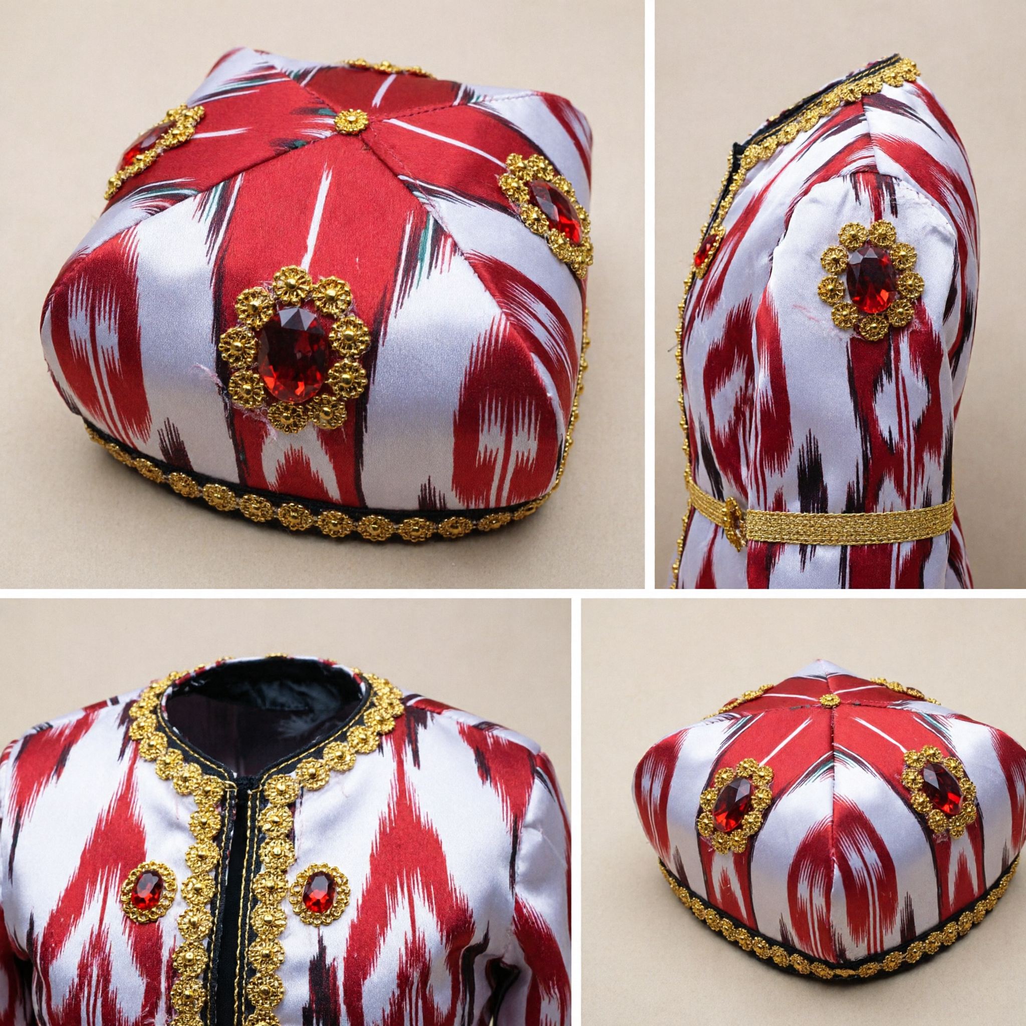 Traditional Red Ikat Silk Doppa Hat with Gold Beaded Embroidery for Uzbek Folk Dance Costume - Asian Costume