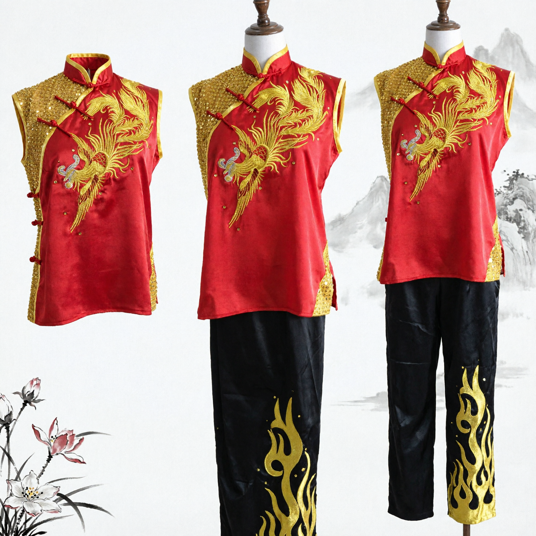 Red Gold Phoenix Embroidery Chinese Martial Arts Uniform Wushu Kung Fu Performance Costume for Women - Asian Costume