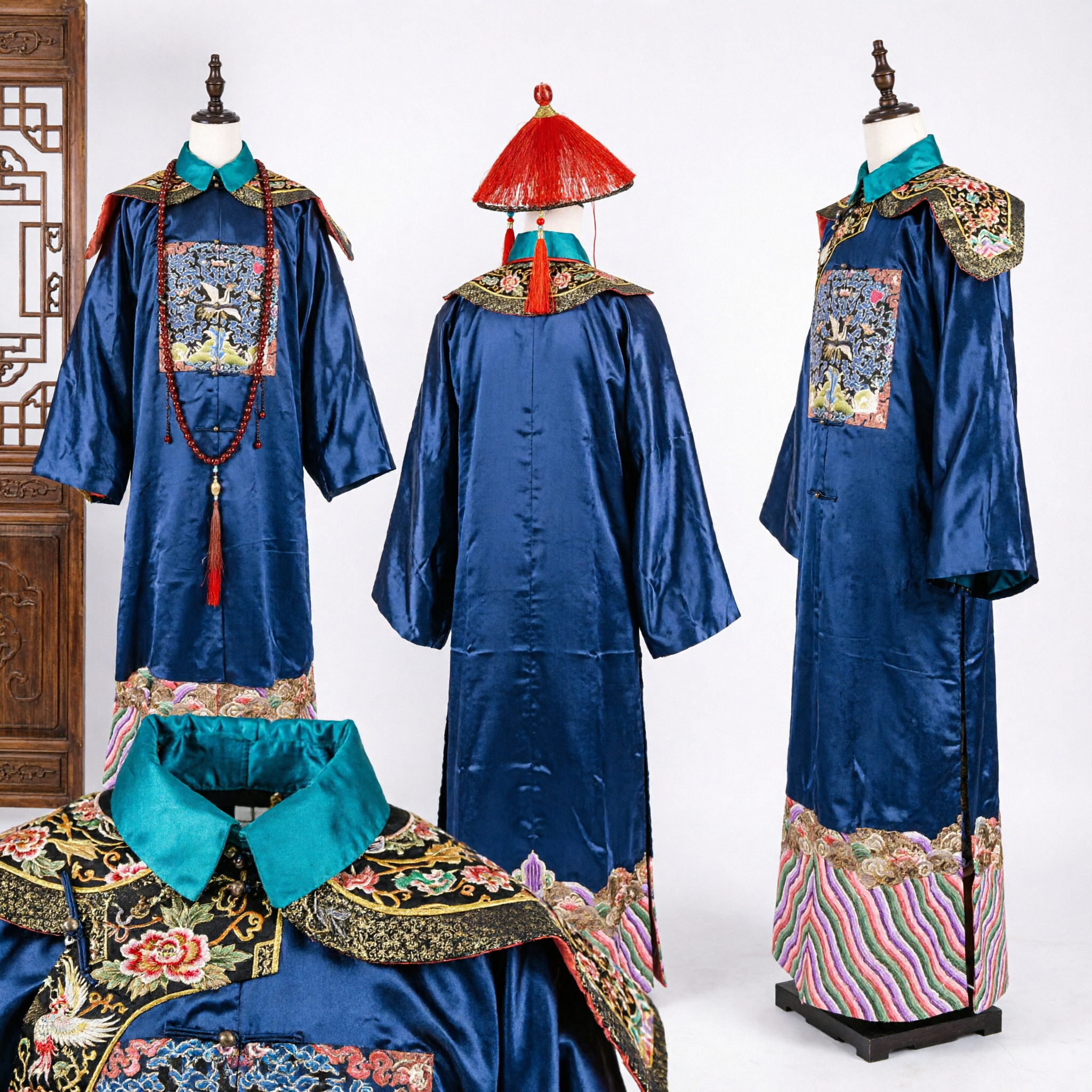 Qing Dynasty Official Costume Ancient Chinese Manchu Robe Blue Silk Stage Performance Clothing for Men - Asian Costume