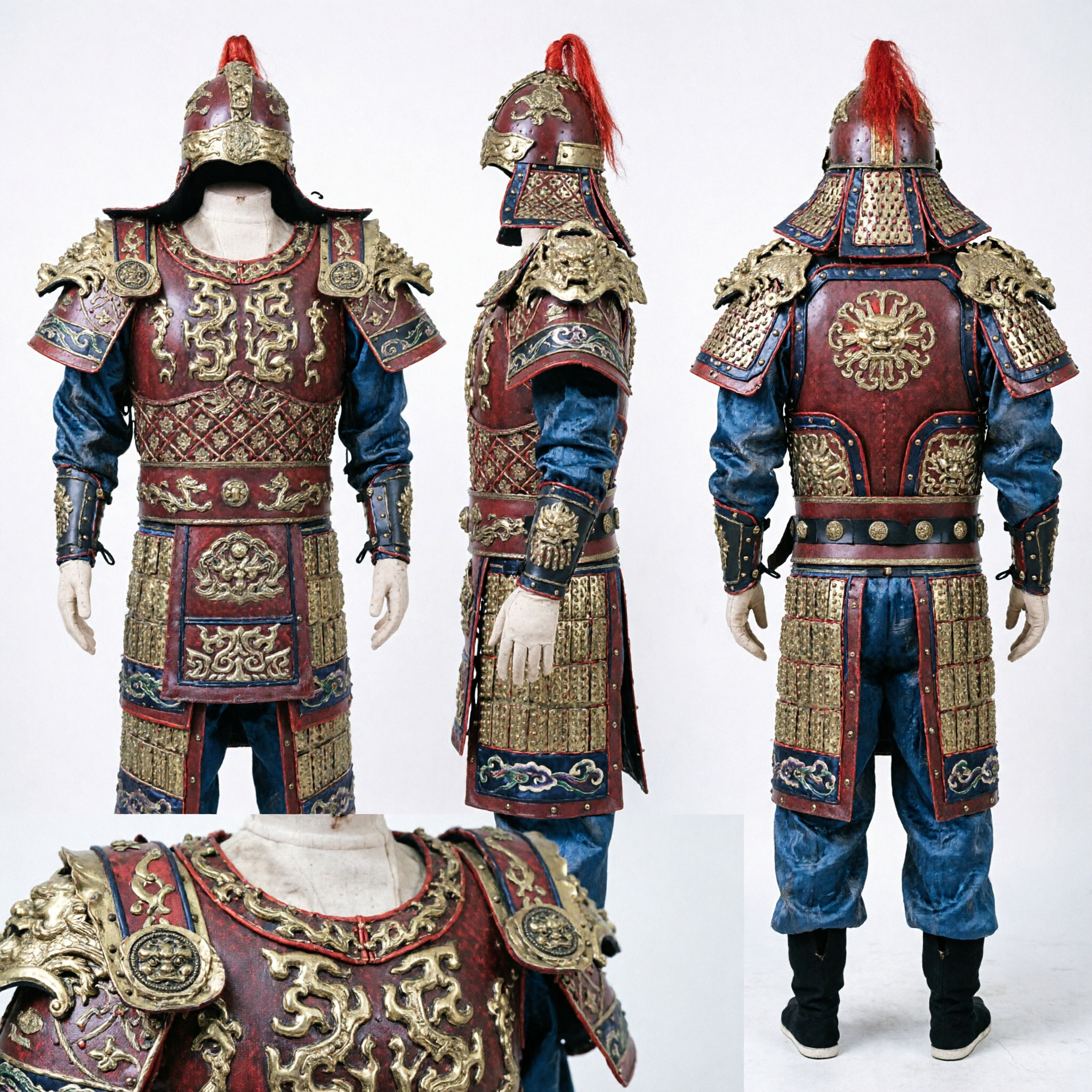 Traditional Chinese General Armor Full Body Suit Red Leather Gold Dragon Cosplay Costume for Men - Asian Costume