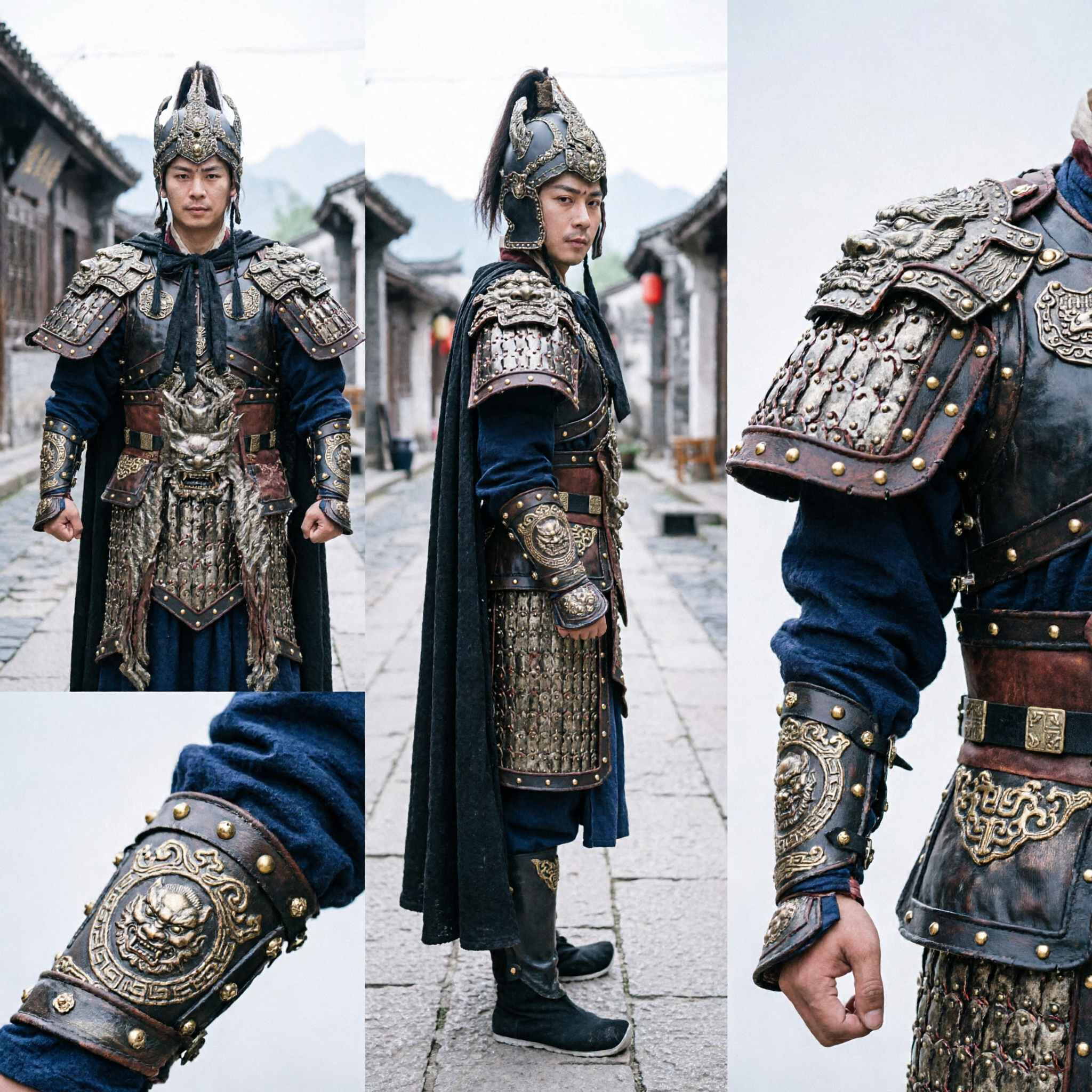 Complete Ancient Chinese General Warrior Armor Costume Set with Helmet and Spear for Men Cosplay Performance - Asian Costume