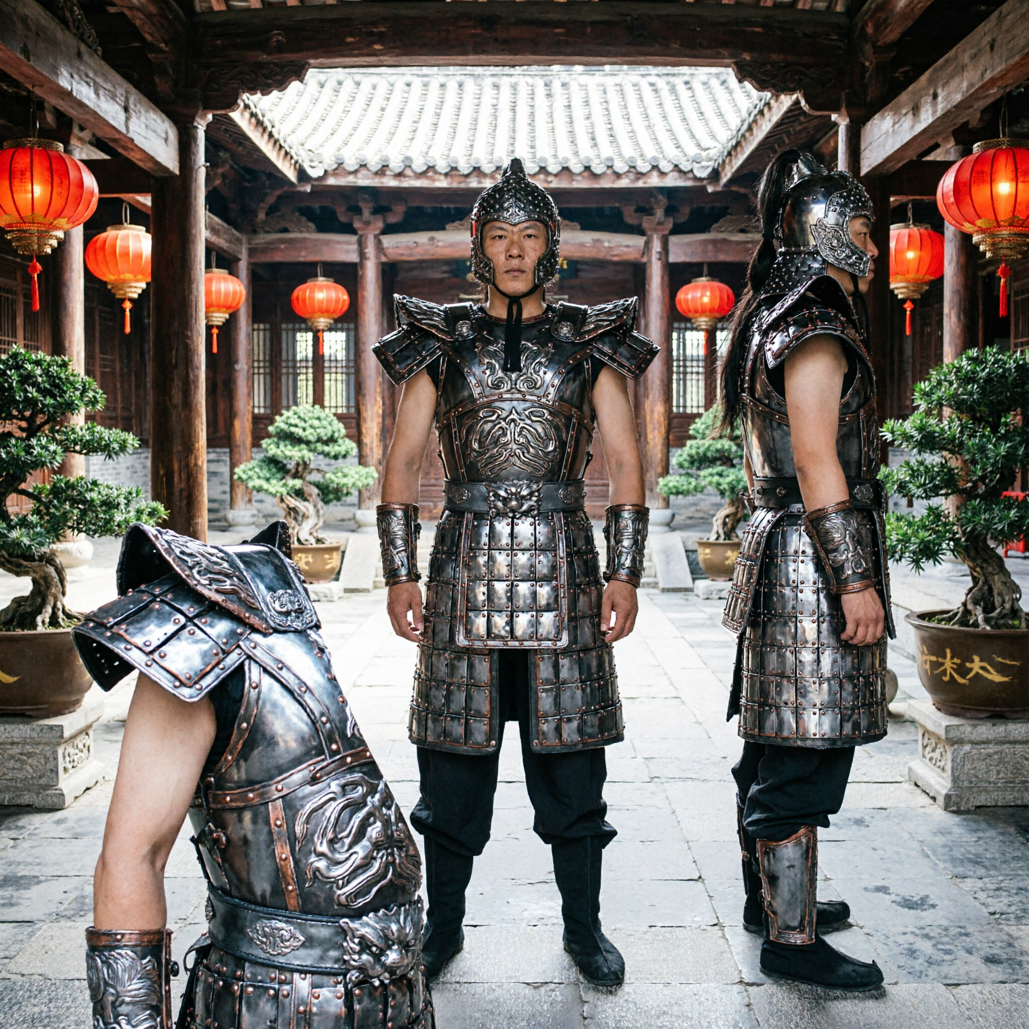 Ancient Chinese General Armor Costume Black Leather Warrior Suit for Men Cosplay Halloween LARP Performance - Asian Costume