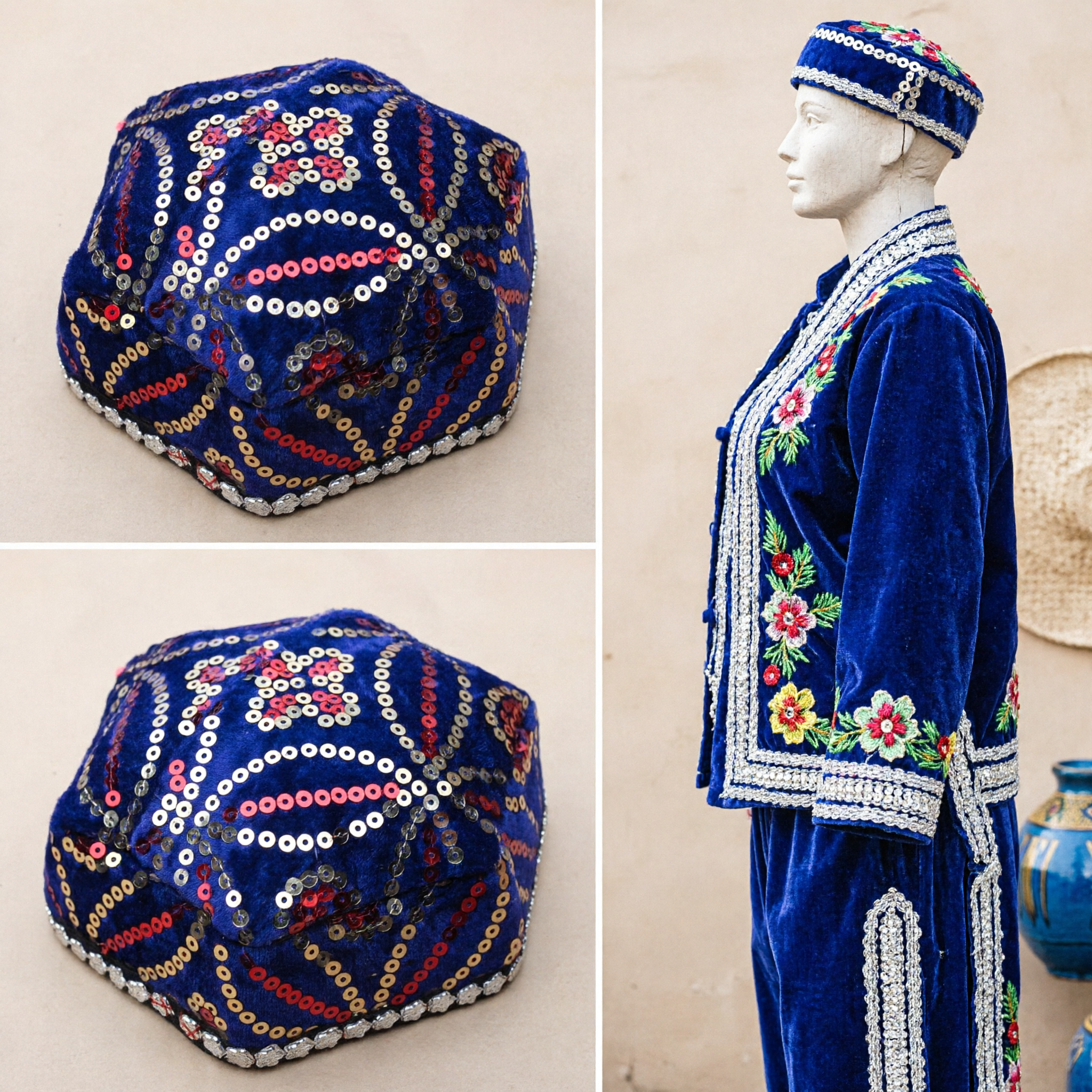 Traditional Chinese Ethnic Minority Blue Velvet Sequin Embroidered Doppa Hat for Men Boys Folk Dance Costume - Asian Costume