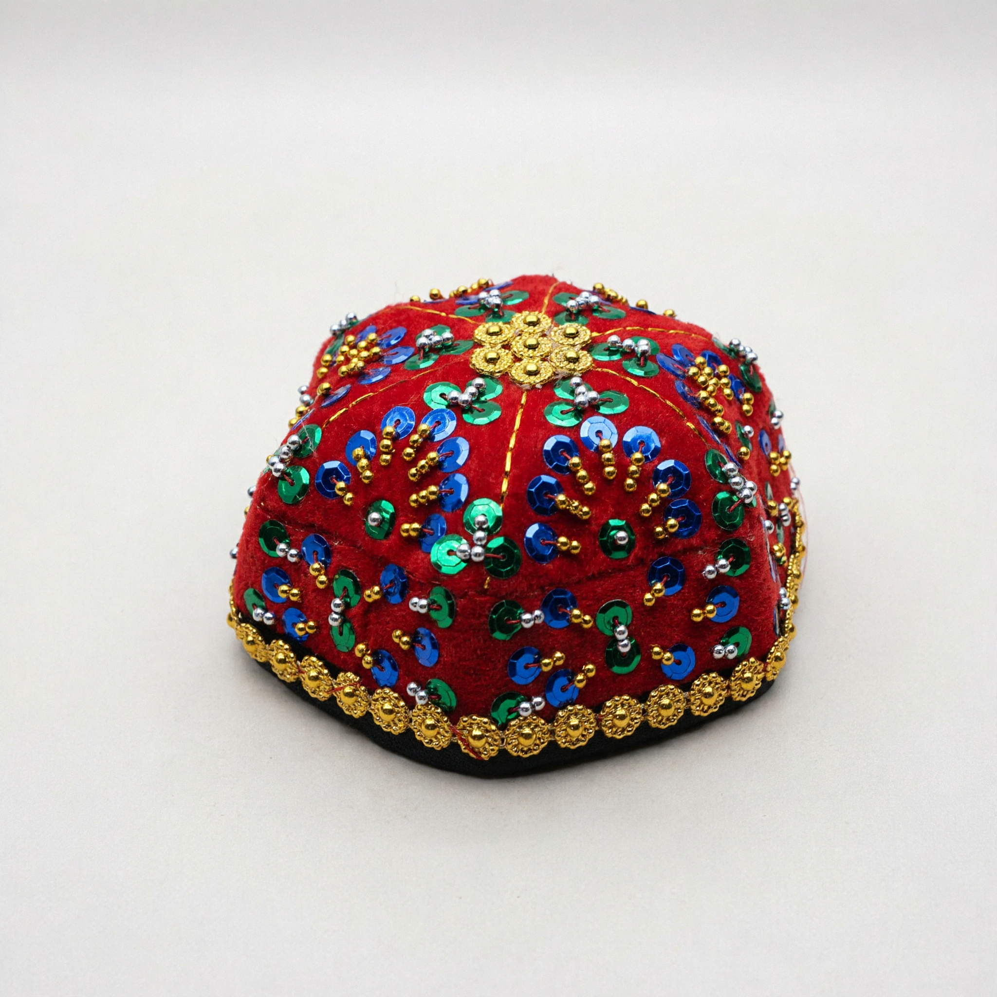 Traditional Chinese Red Velvet Melon Cap with Sequins and Beads for Kids Folk Dance Costume - Asian Costume