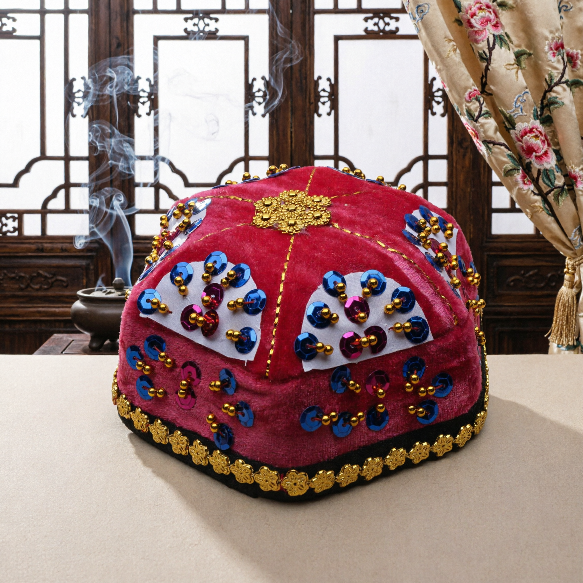 Traditional Chinese Pink Velvet Hat with Sequin Embroidery Folk Dance Costume Cap for Children Performance - Asian Costume
