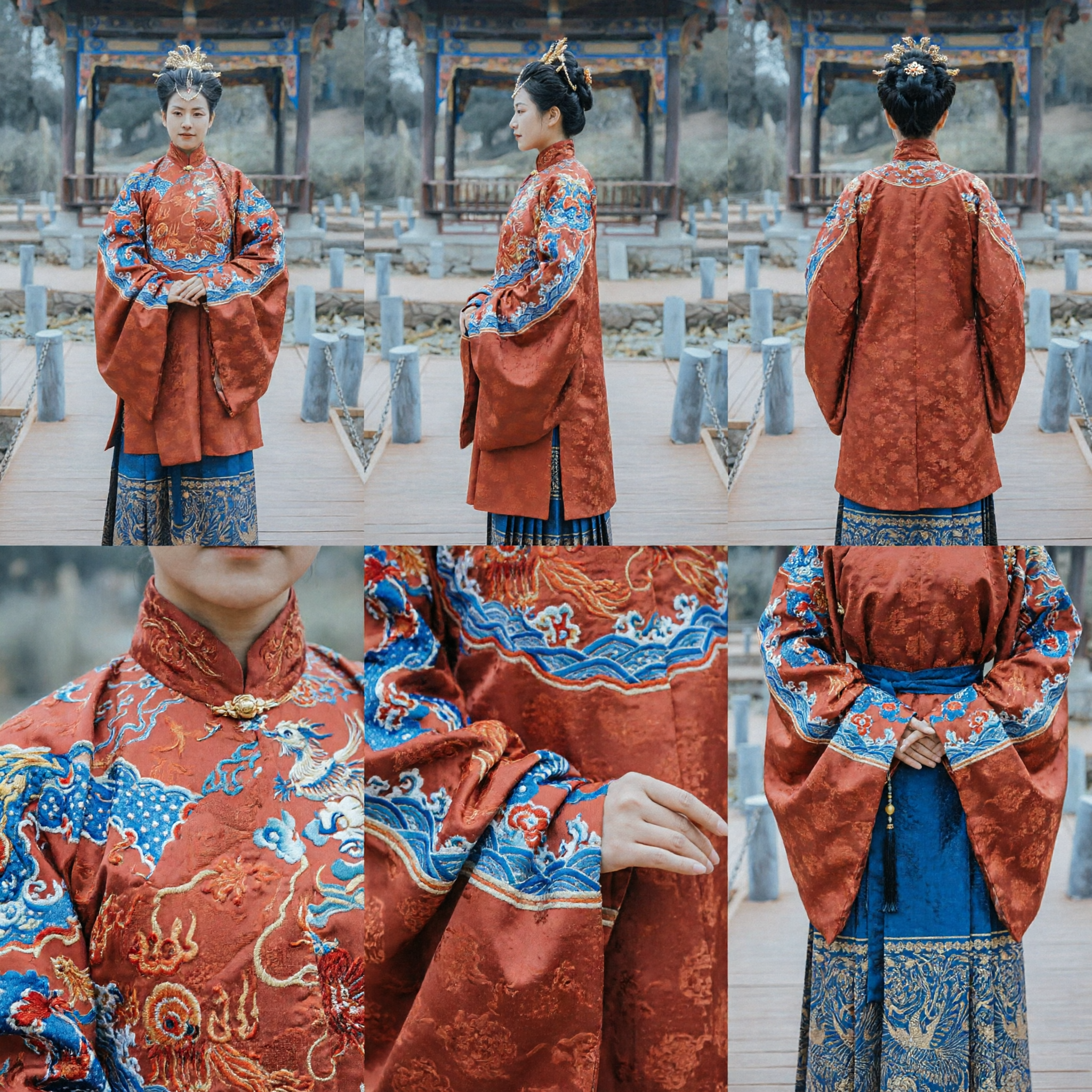 Traditional Chinese Ming Dynasty Hanfu Red Embroidered Jacket and Blue Horse Face Skirt Ancient Costume for Women - Asian Costume