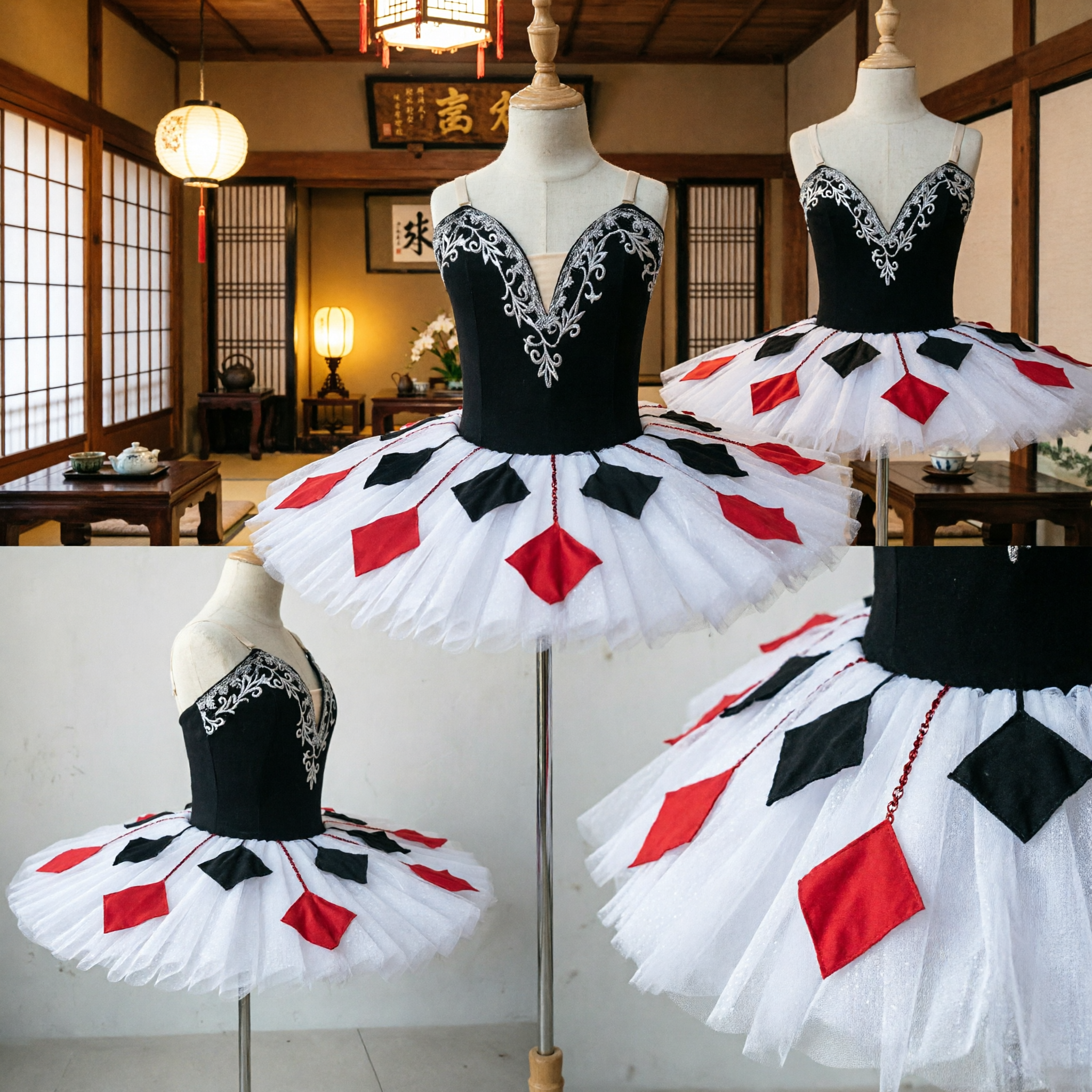 Classical Ballet Tutu Dress Black Bodice Silver Embroidery White Skirt with Red Accents for Girls Performance - Asian Costume