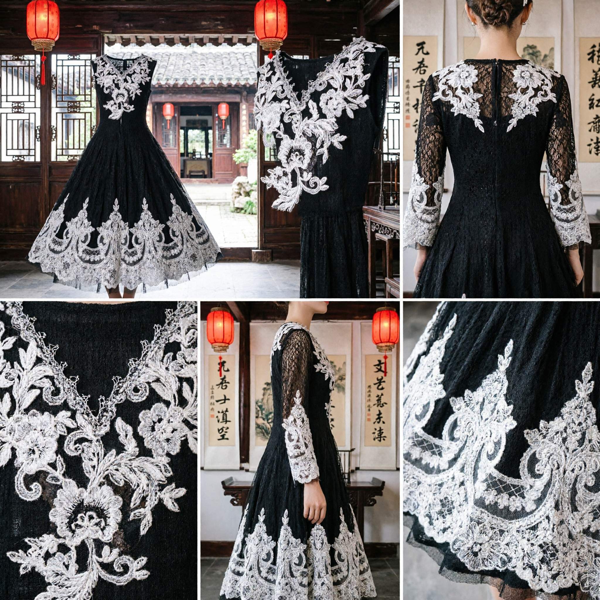 Professional Black Ballet Tutu Dress with Silver Lace Appliqué for Swan Lake Stage Performance Costume - Asian Costume