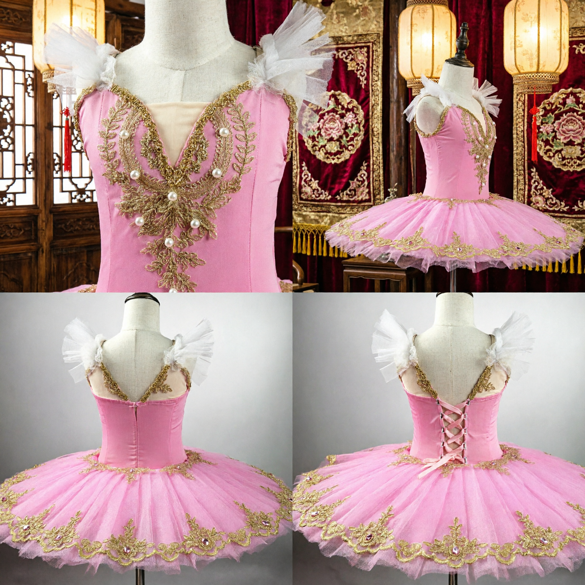 Pink Classical Ballet Tutu Dress for Girls with Gold Embroidery and Pearls for Dance Performance - Asian Costume