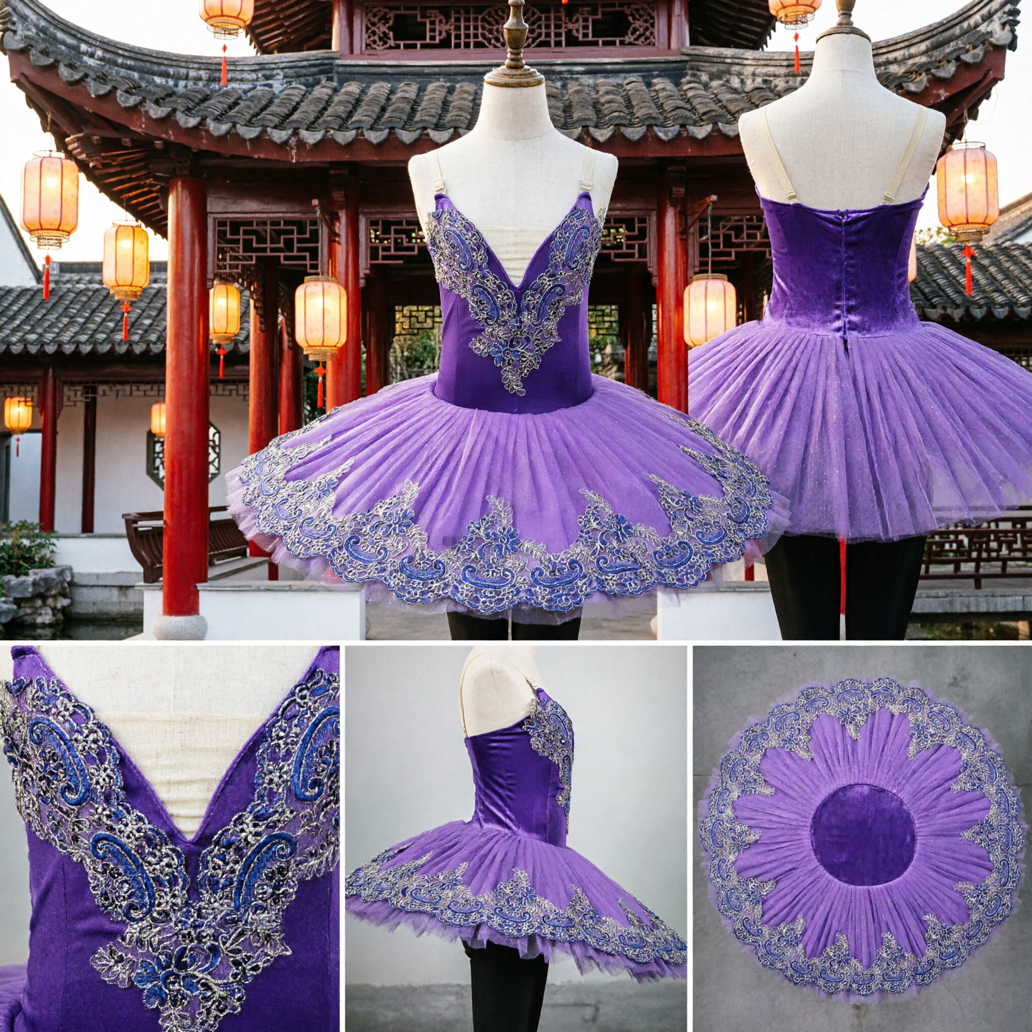 Elegant Purple Pancake Ballet Tutu Dress with Intricate Blue Silver Sequin Embroidery for Professional Stage Performances - Asian Costume