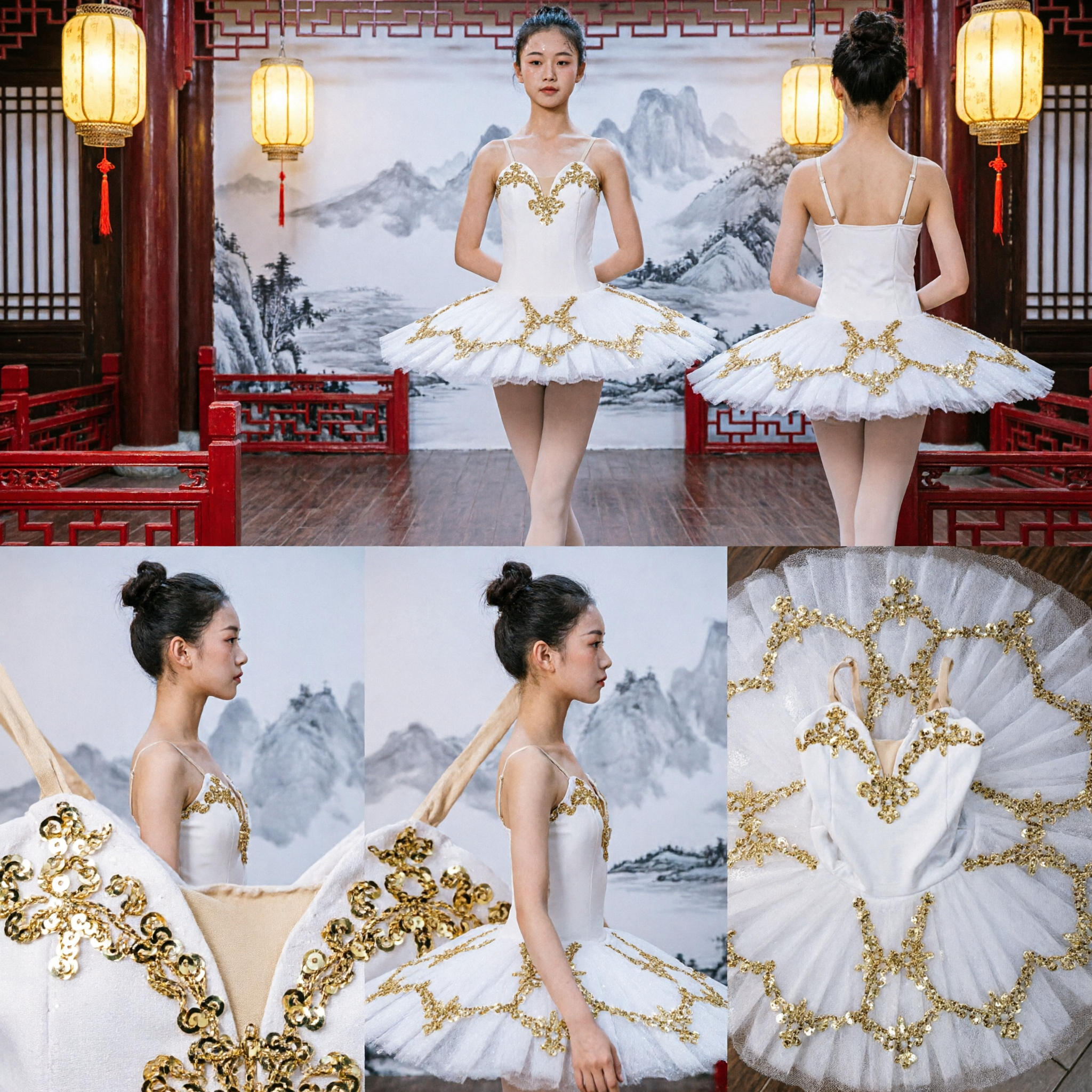 Elegant White Classical Ballet Tutu Dress with Gold Sequin Embroidery for Girls Stage Performance - Asian Costume